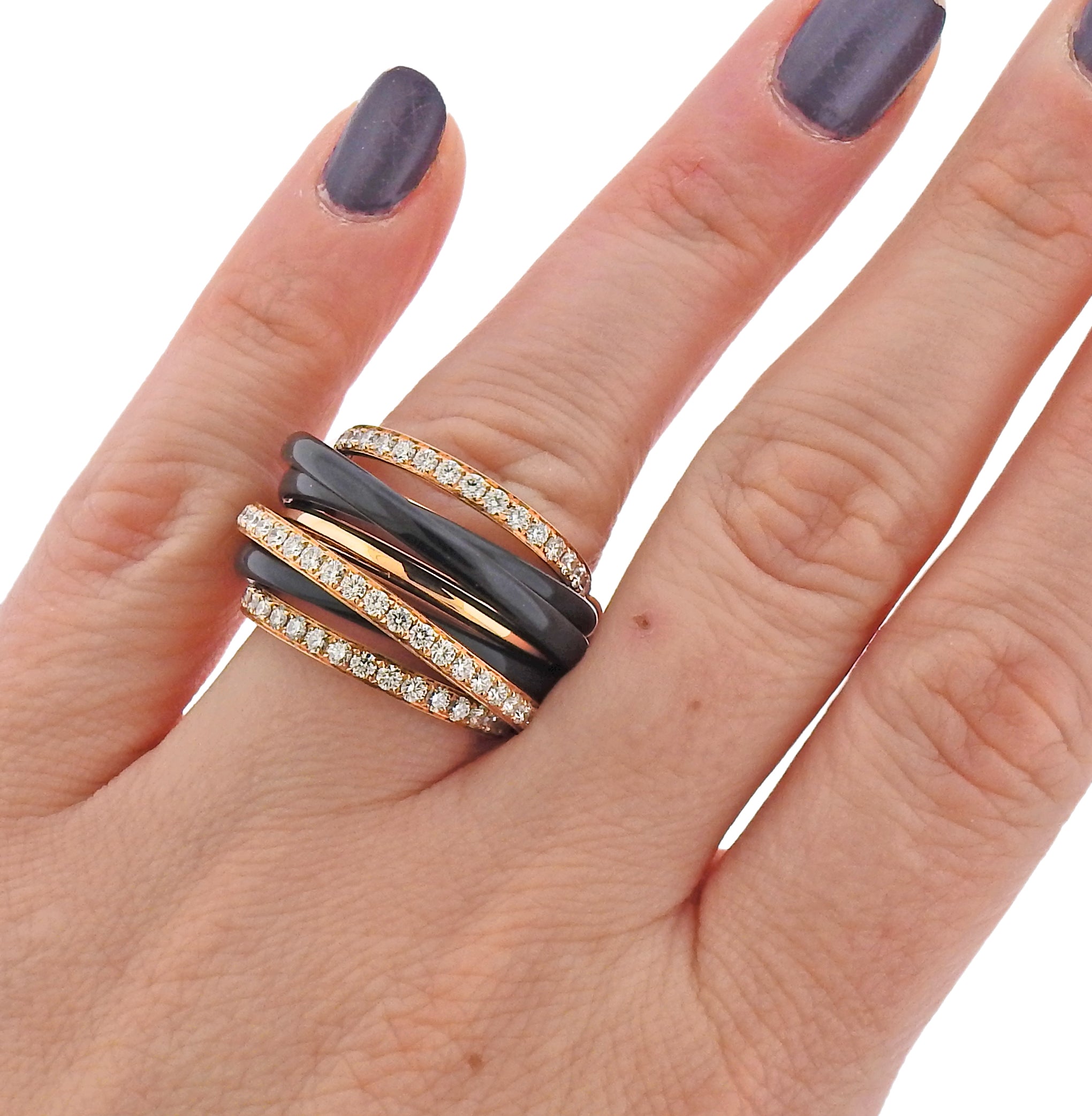 De Grisogono Allegra Rose Gold Black Ceramic Diamond Ring - Replica Luxury Handbag Store