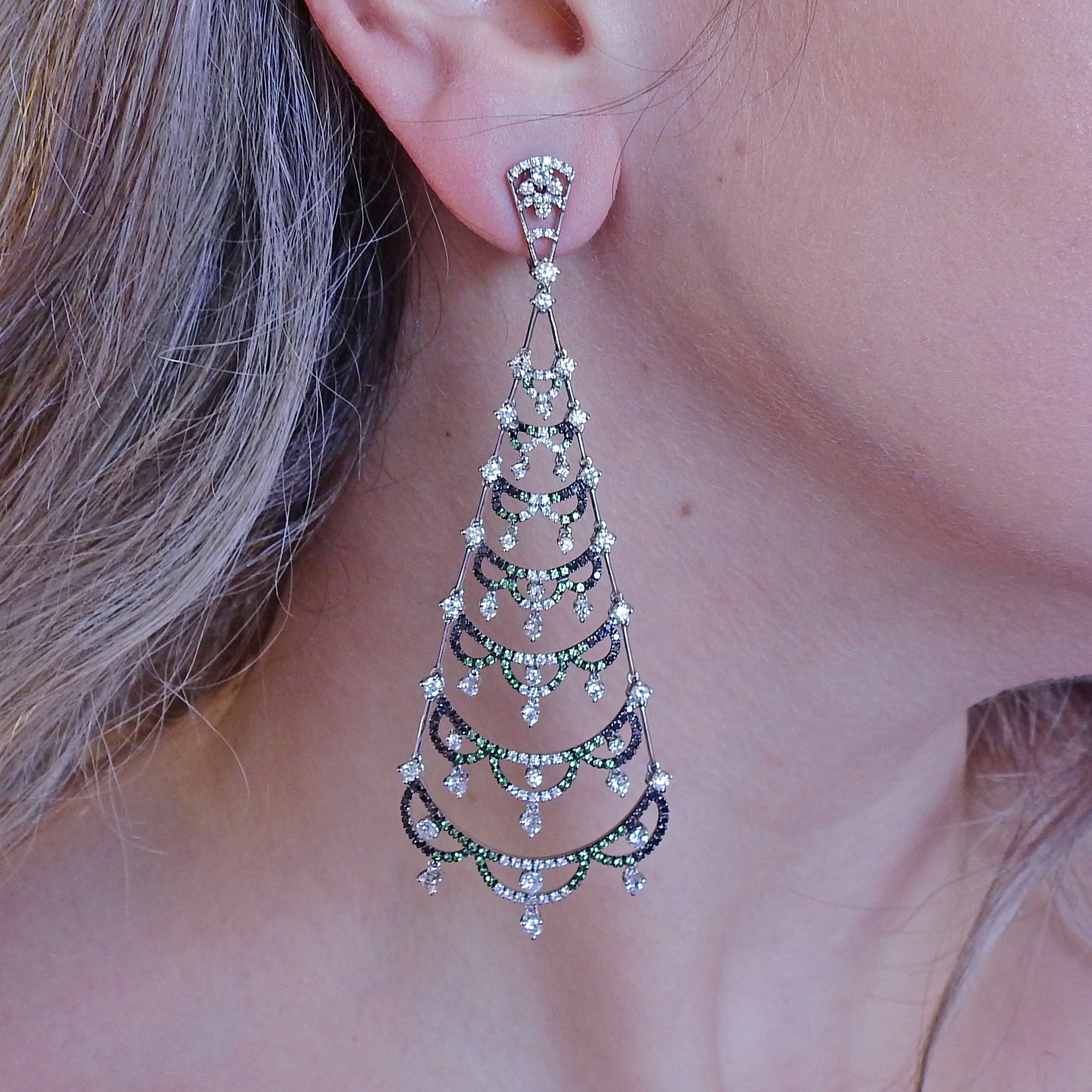 Porrati White Black Diamond Tsavorite Gold Chandelier Earrings - Replica Luxury Handbag Store