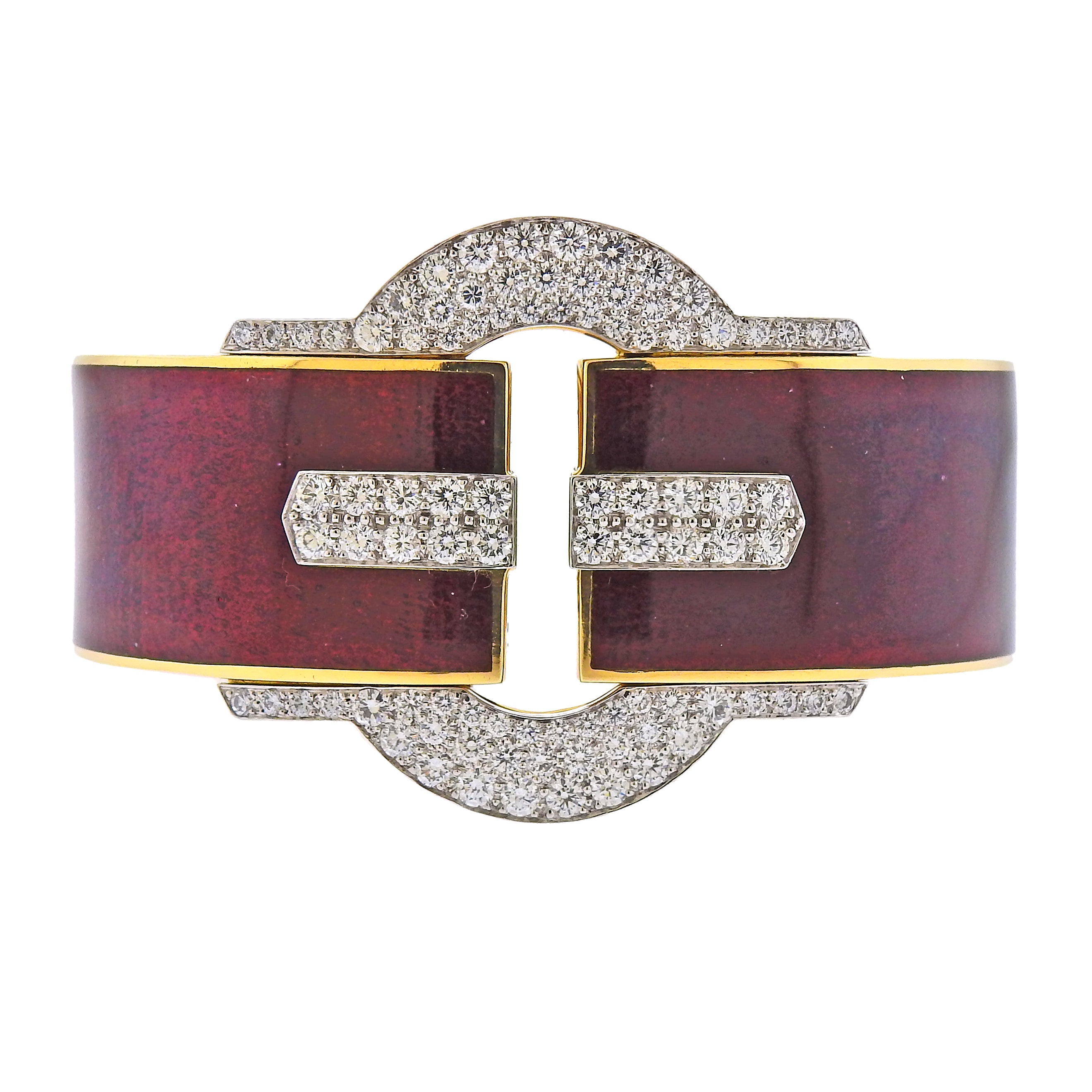 David Webb Diamond Gold Platinum Red Enamel Buckle Cuff Bracelet - Replica Luxury Handbag Store