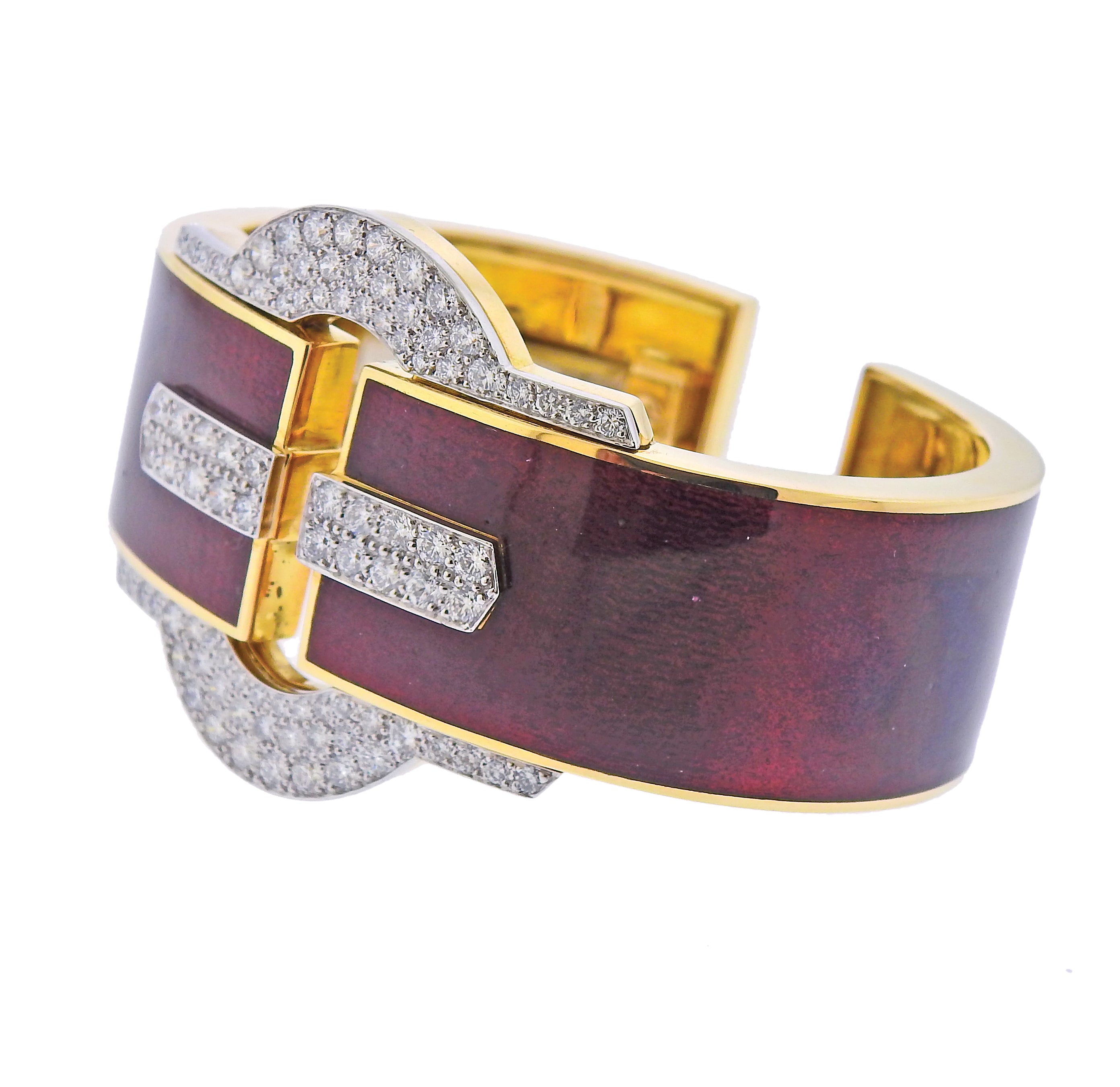 David Webb Diamond Gold Platinum Red Enamel Buckle Cuff Bracelet - Replica Luxury Handbag Store