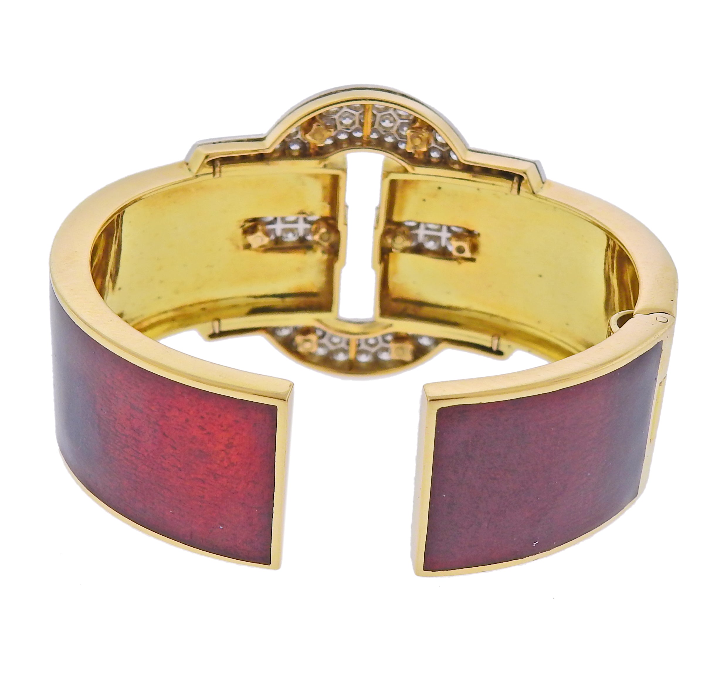 David Webb Diamond Gold Platinum Red Enamel Buckle Cuff Bracelet - Replica Luxury Handbag Store