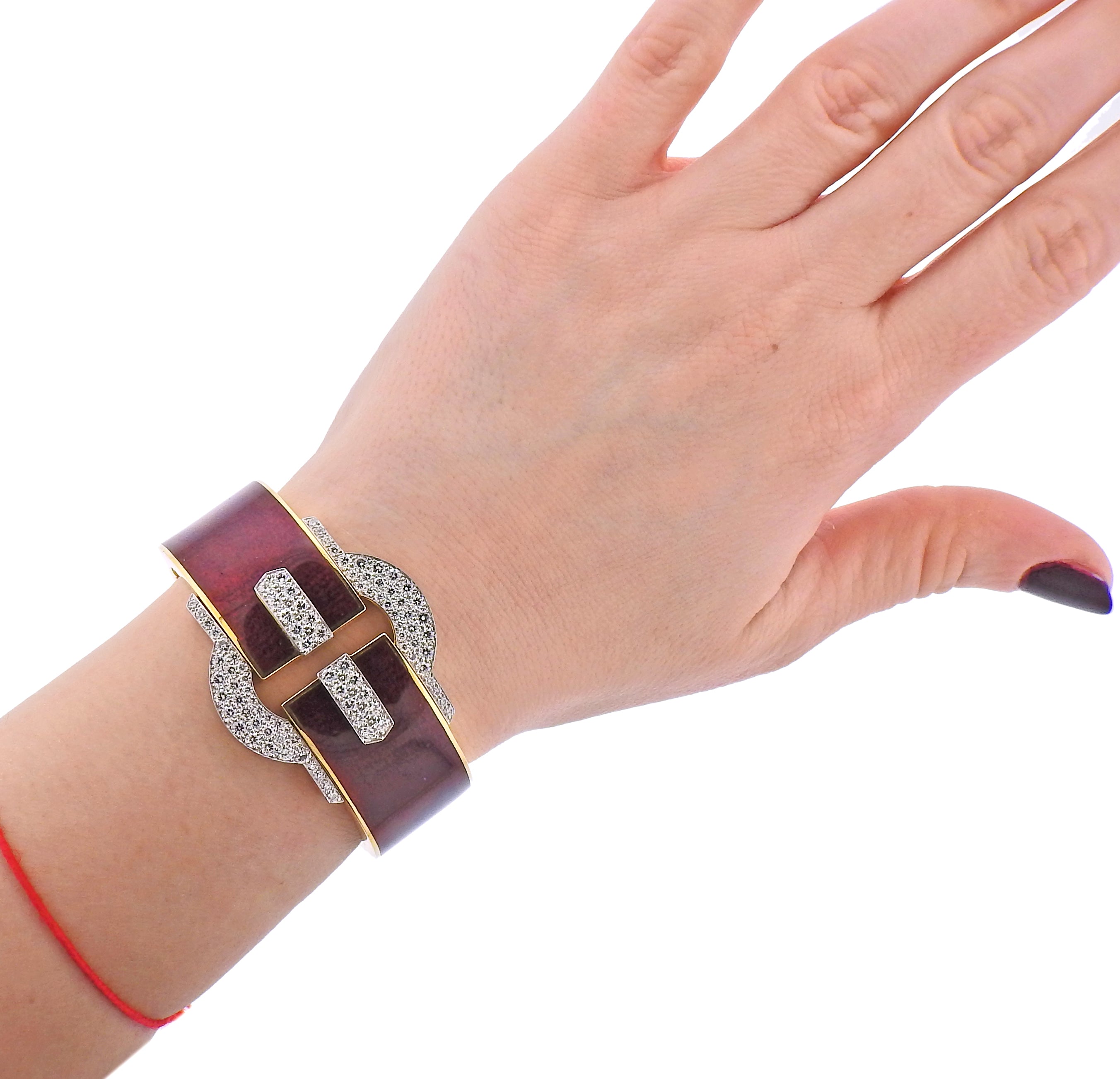 David Webb Diamond Gold Platinum Red Enamel Buckle Cuff Bracelet - Replica Luxury Handbag Store
