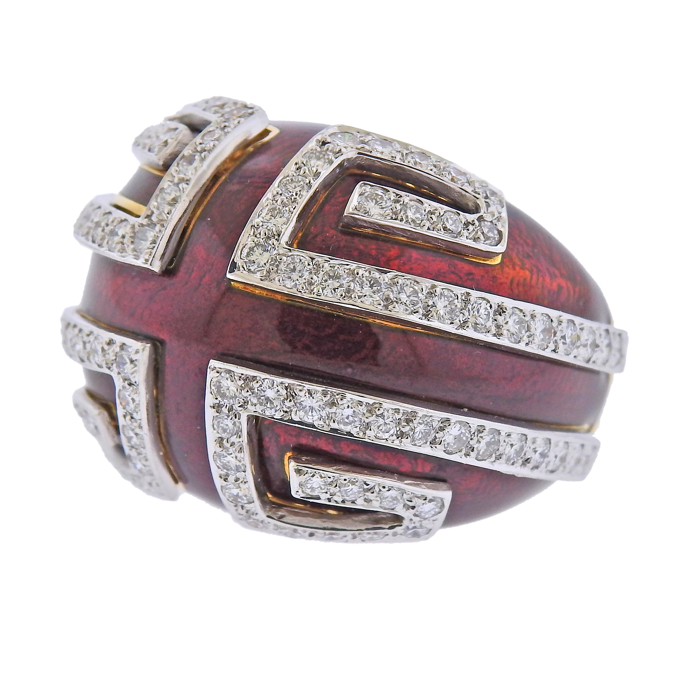 David Webb Red Enamel Diamond Gold Platinum Scroll Ring - Replica Luxury Handbag Store