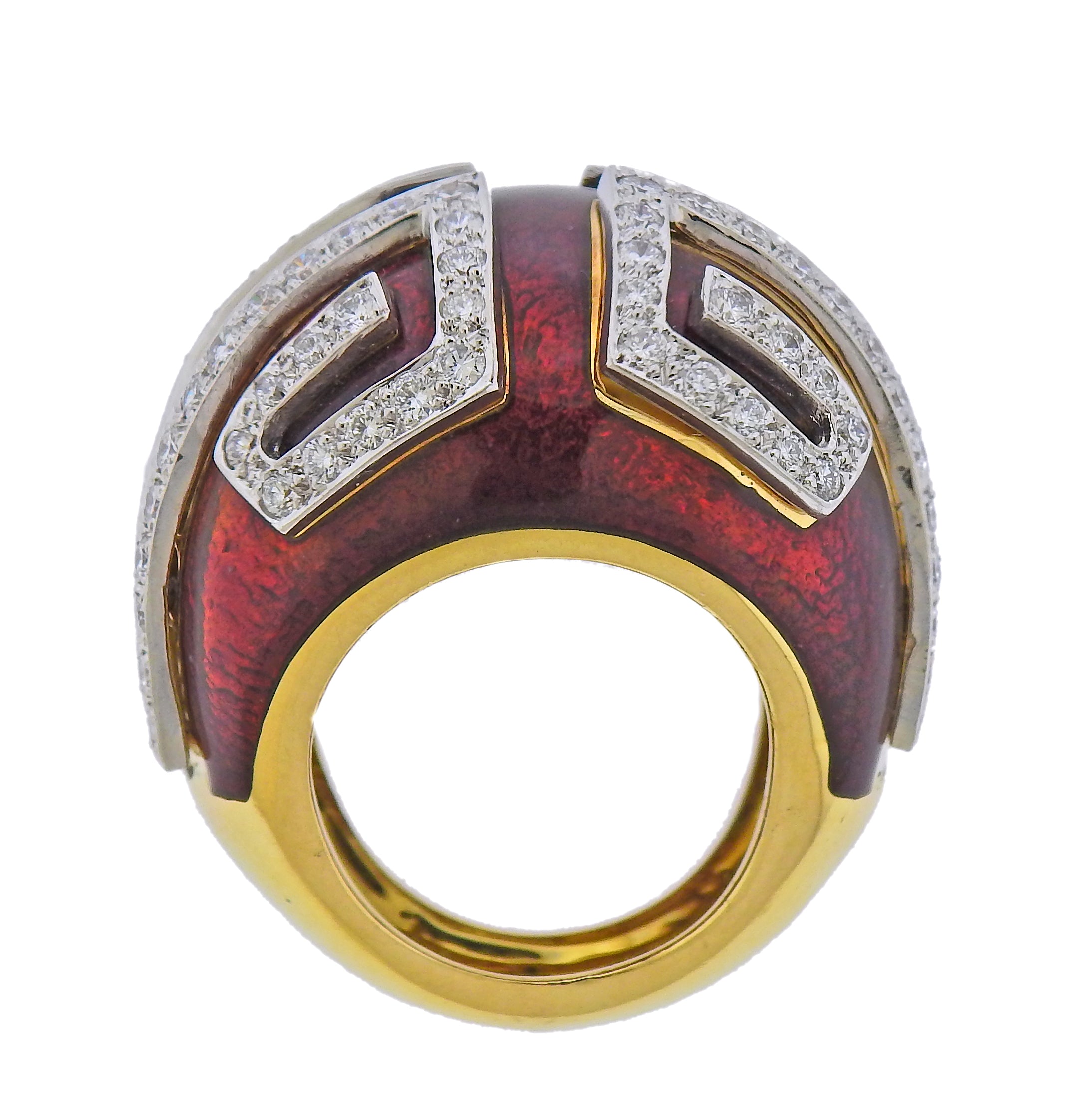 David Webb Red Enamel Diamond Gold Platinum Scroll Ring - Replica Luxury Handbag Store