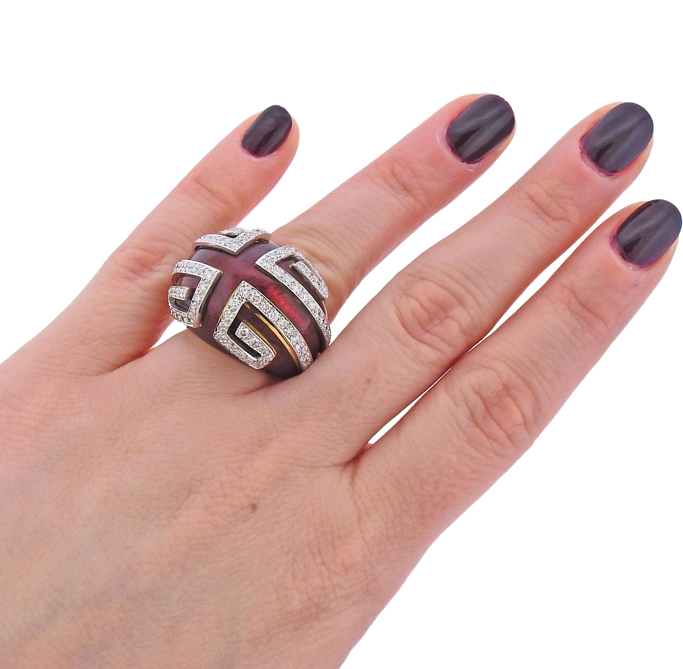 David Webb Red Enamel Diamond Gold Platinum Scroll Ring - Replica Luxury Handbag Store