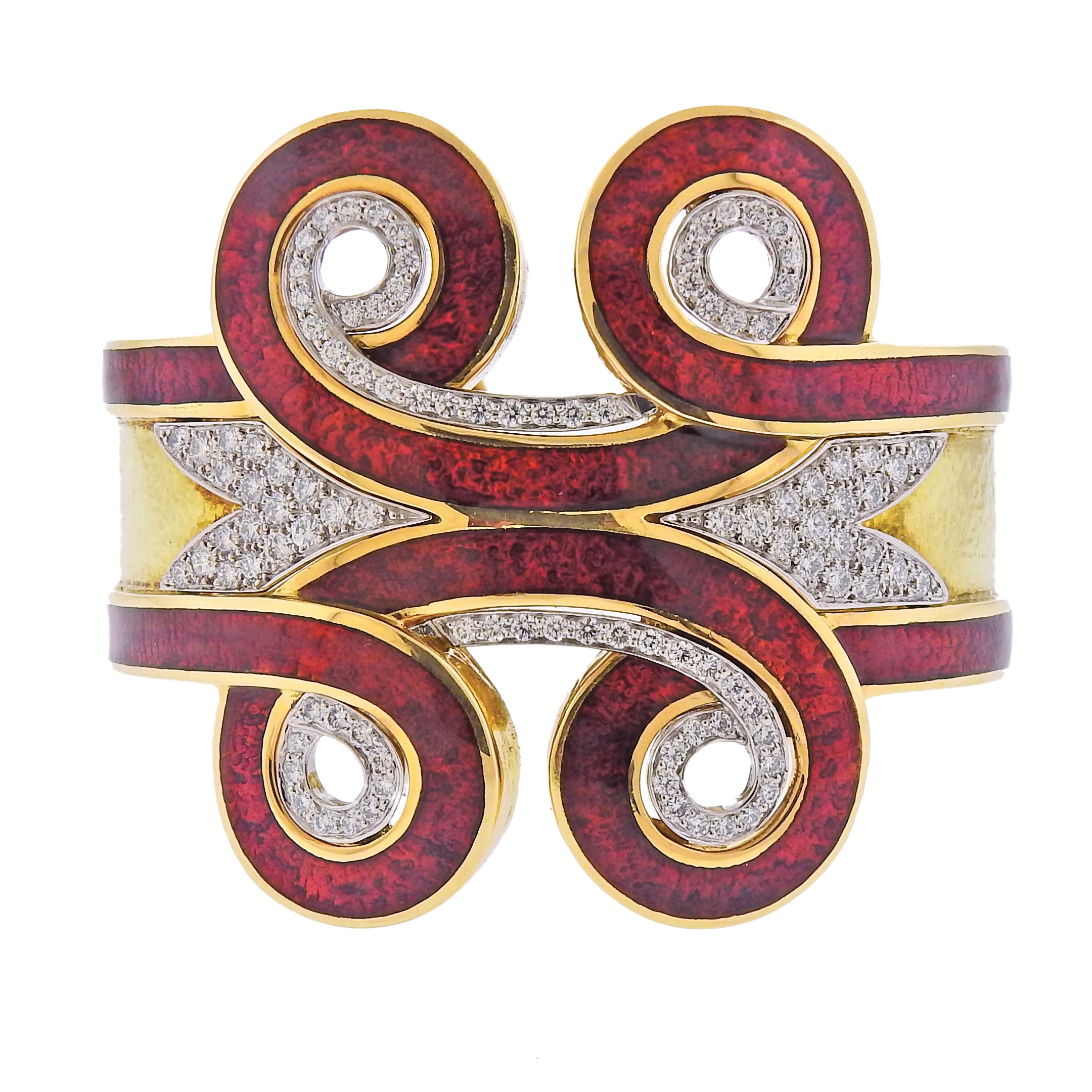 David Webb Diamond Gold Platinum Enamel Arabesque Cuff Bracelet - Replica Luxury Handbag Store