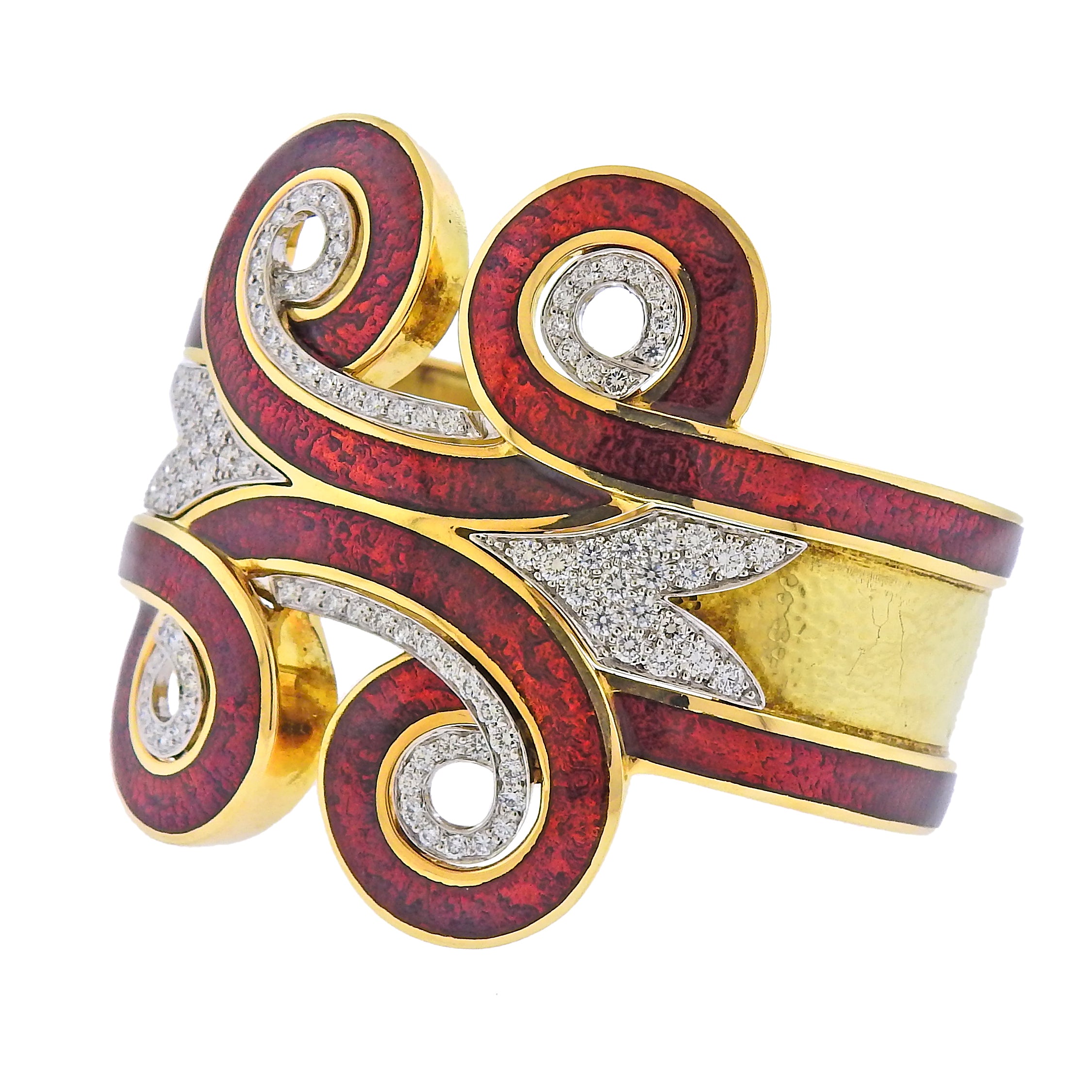David Webb Diamond Gold Platinum Enamel Arabesque Cuff Bracelet - Replica Luxury Handbag Store