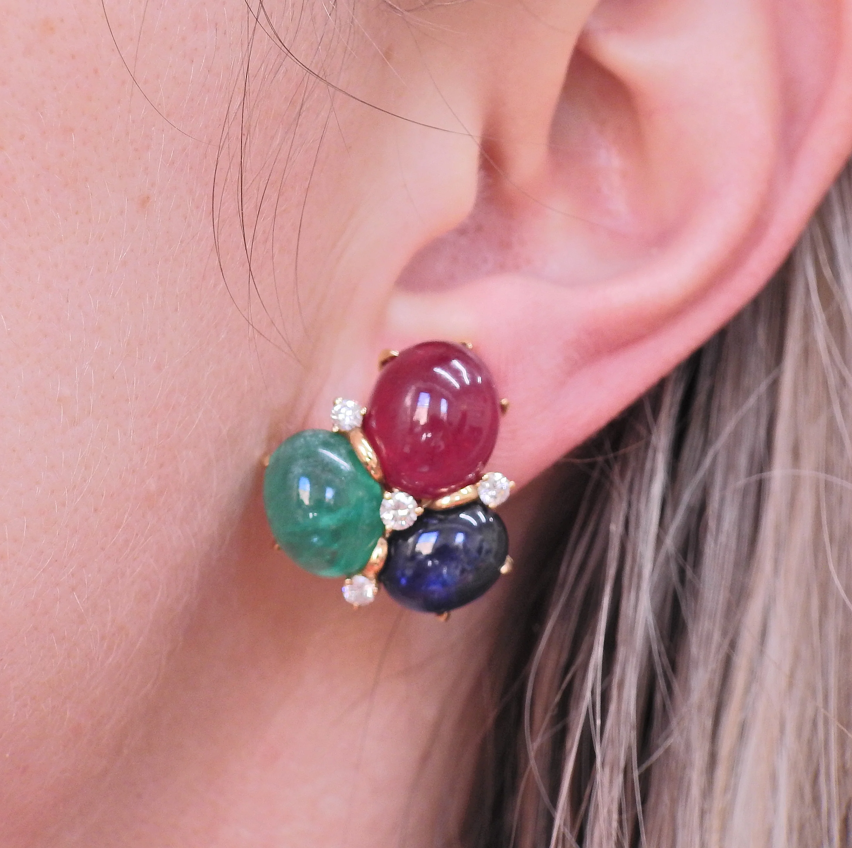 Seaman Schepps Bubble Ruby Sapphire Emerald Diamond Gold Earrings