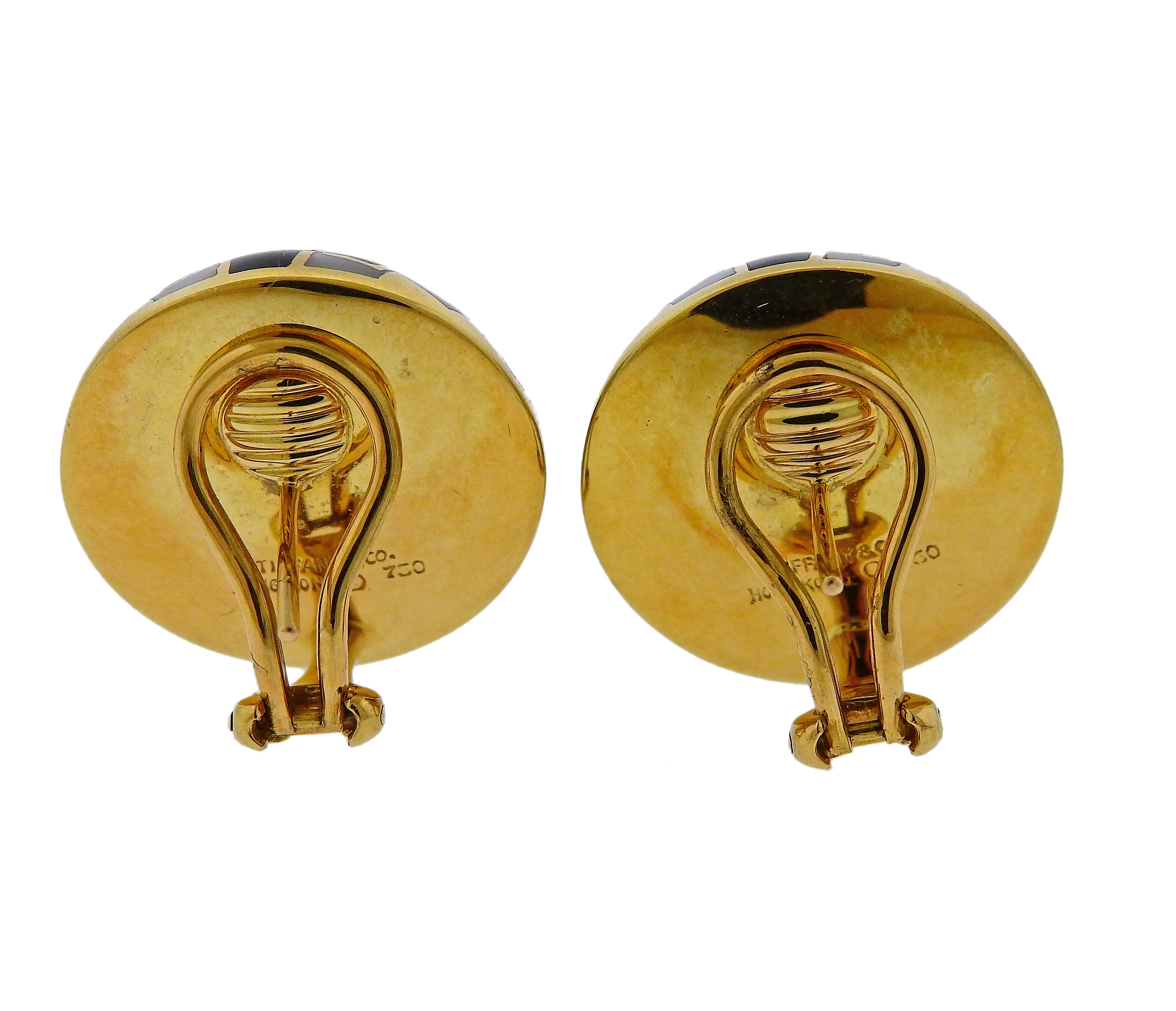 Tiffany & Co Inlay Mother of Pearl Onyx Checkerboard Gold Earrings - Replica Luxury Handbag Store
