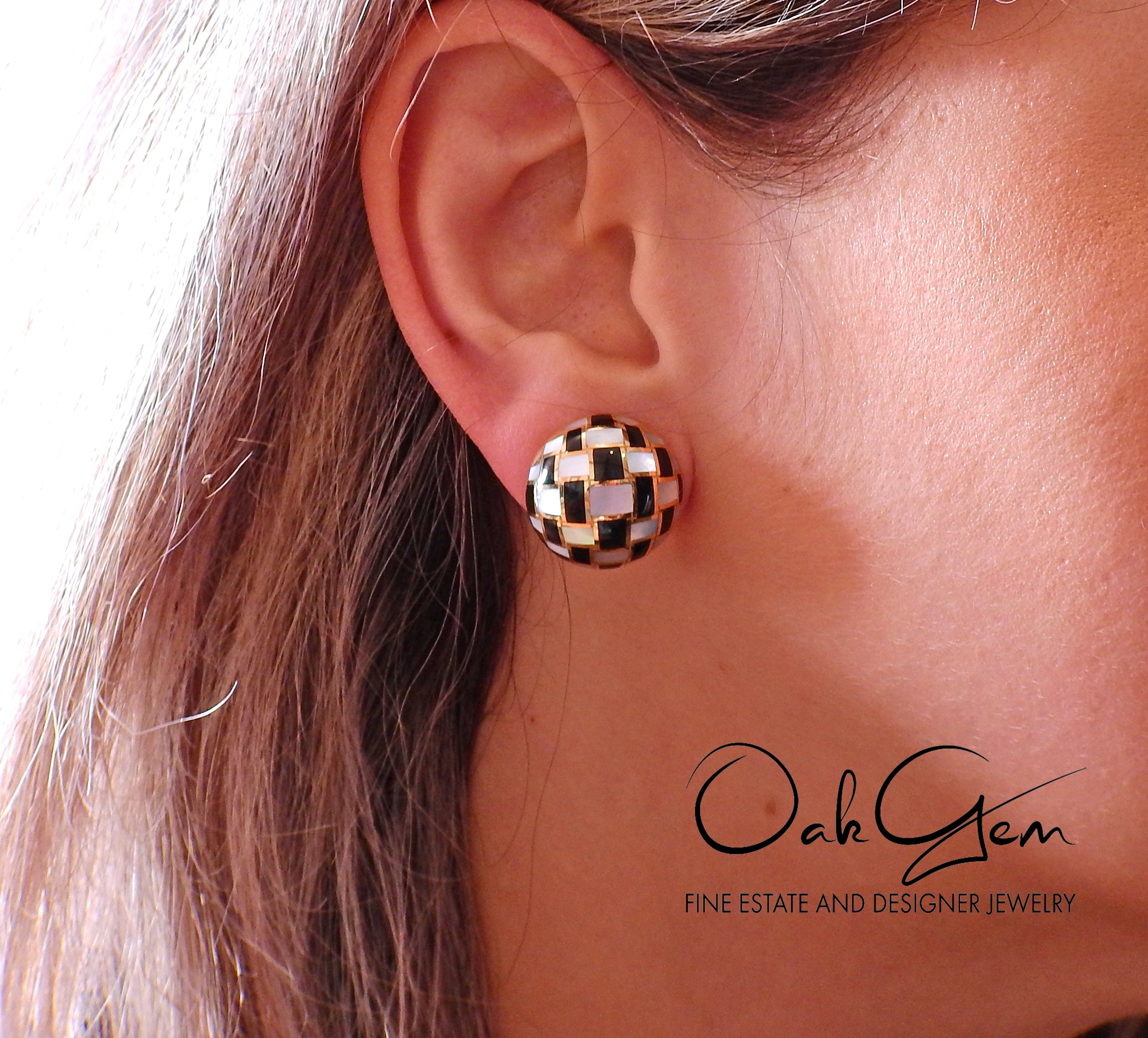 Tiffany & Co Inlay Mother of Pearl Onyx Checkerboard Gold Earrings - Replica Luxury Handbag Store
