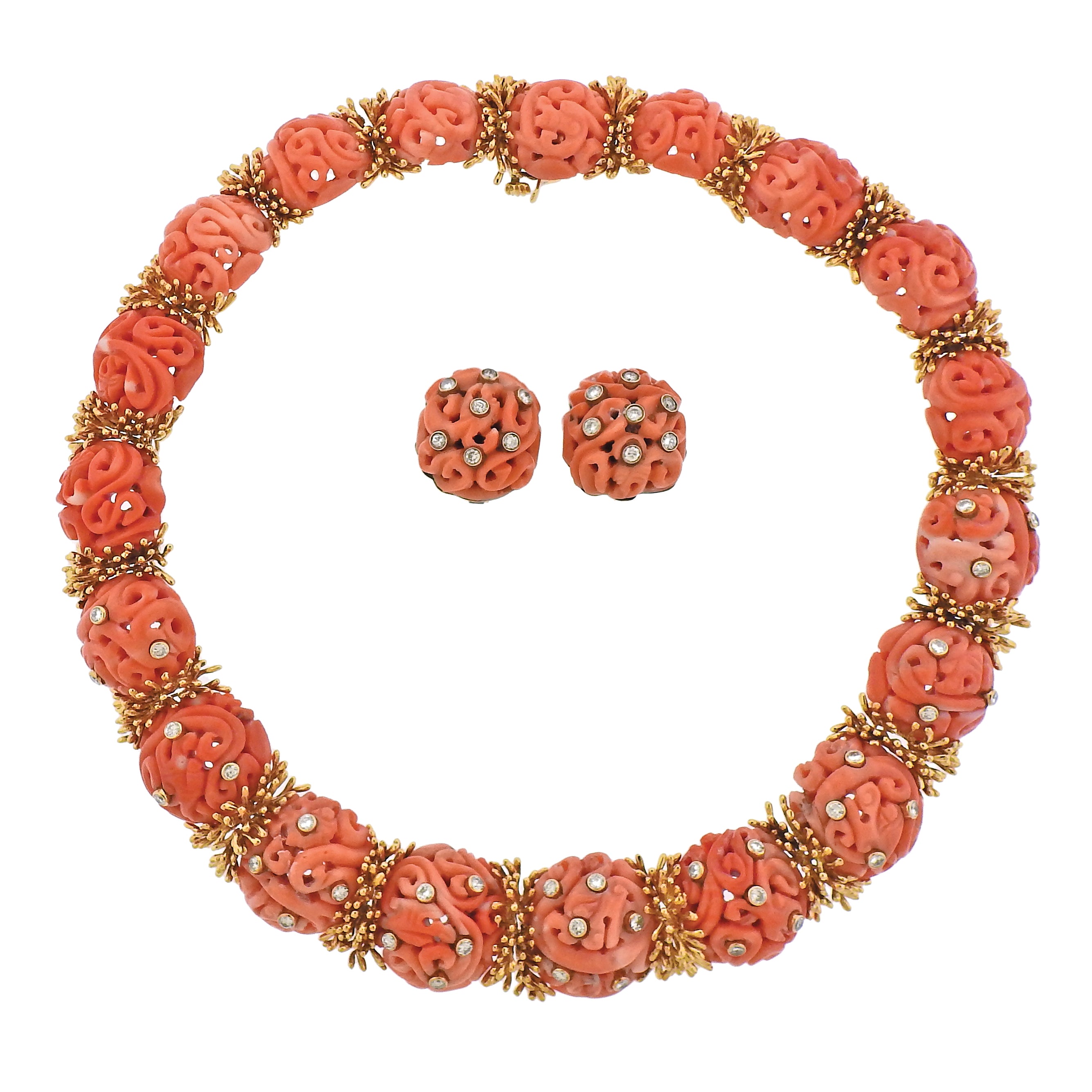 David Webb 1960s Diamond Carved Coral Gold Earrings Necklace Set - Replica Luxury Handbag Store