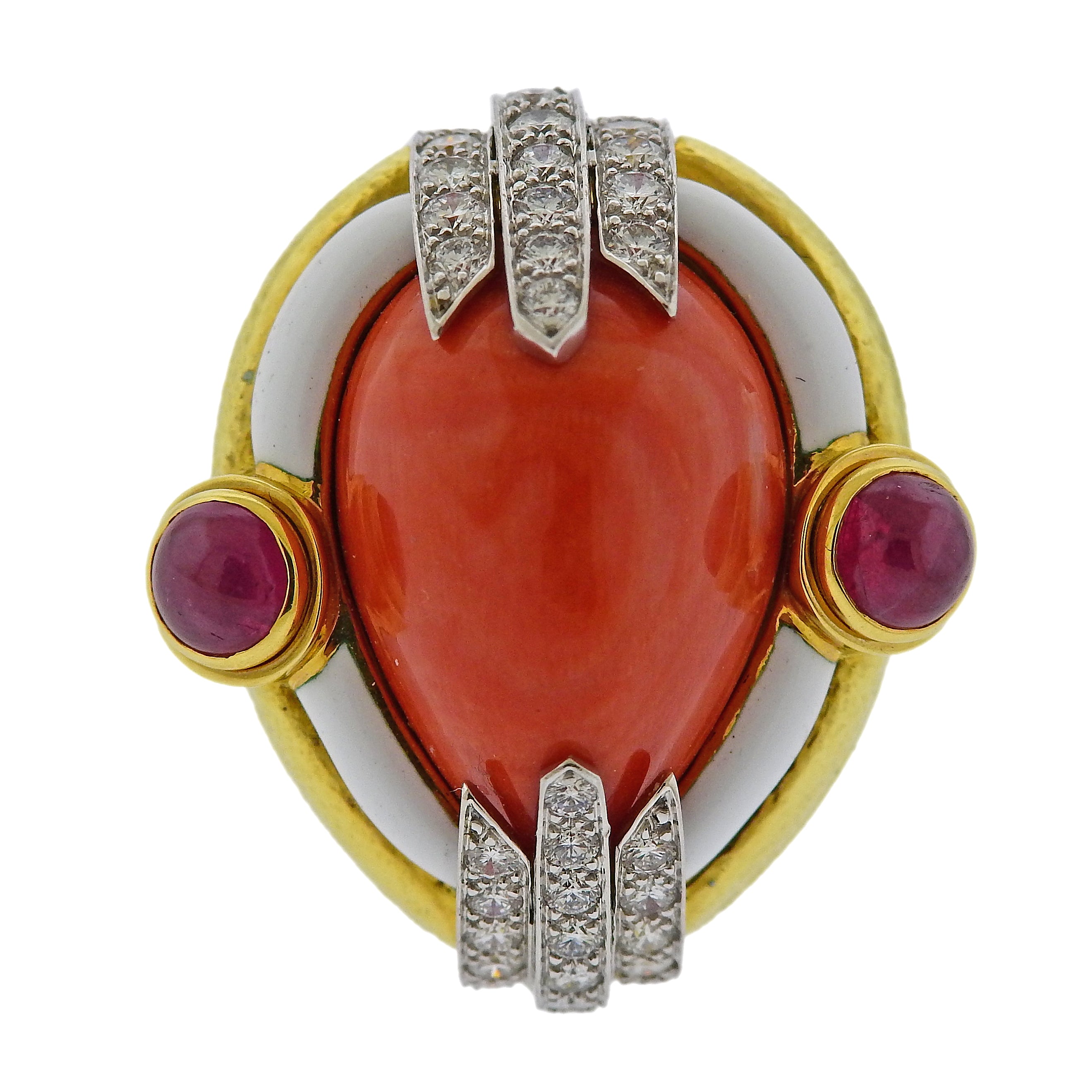 David Webb Coral Ruby Diamond Enamel Gold Platinum Ring - Replica Luxury Handbag Store