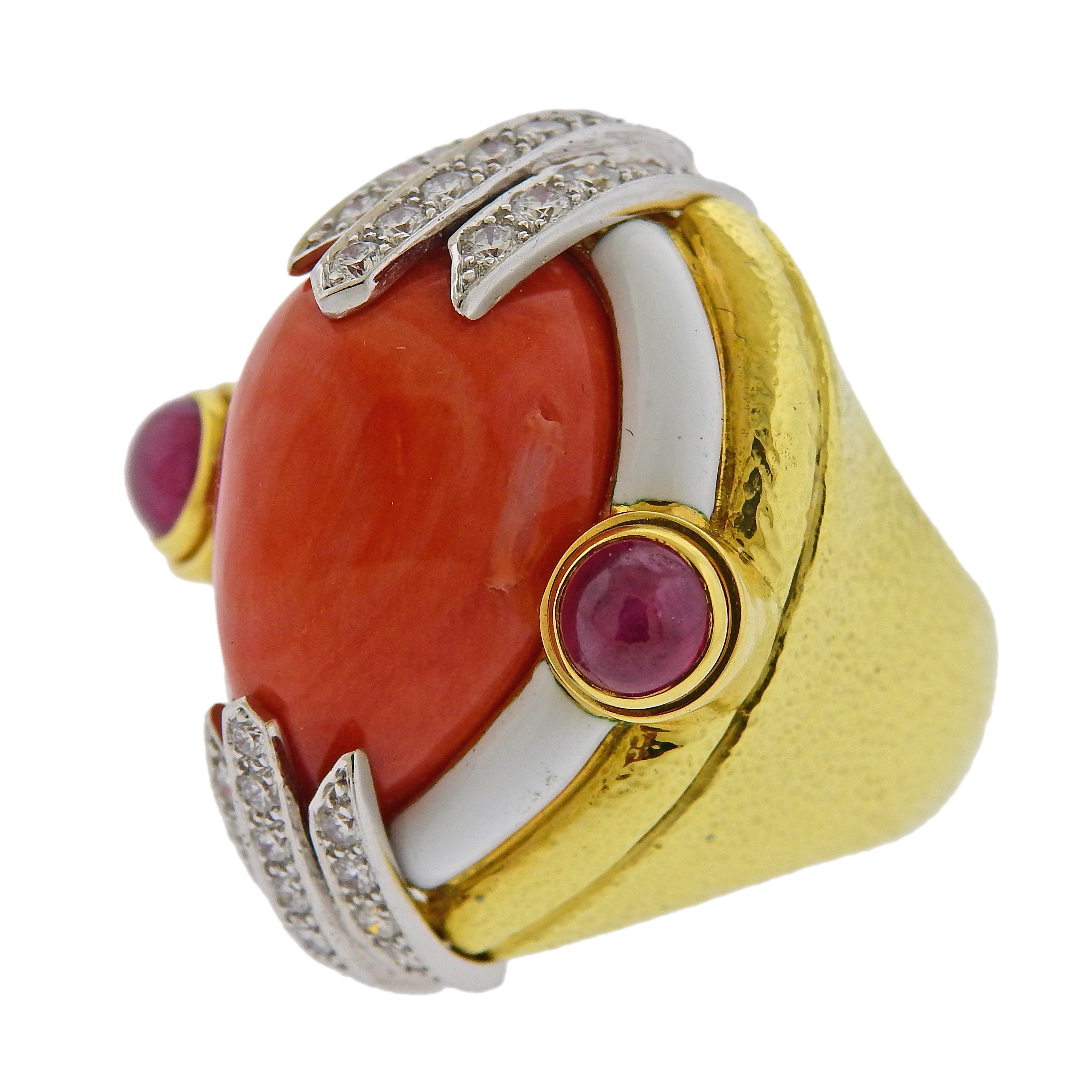 David Webb Coral Ruby Diamond Enamel Gold Platinum Ring - Replica Luxury Handbag Store