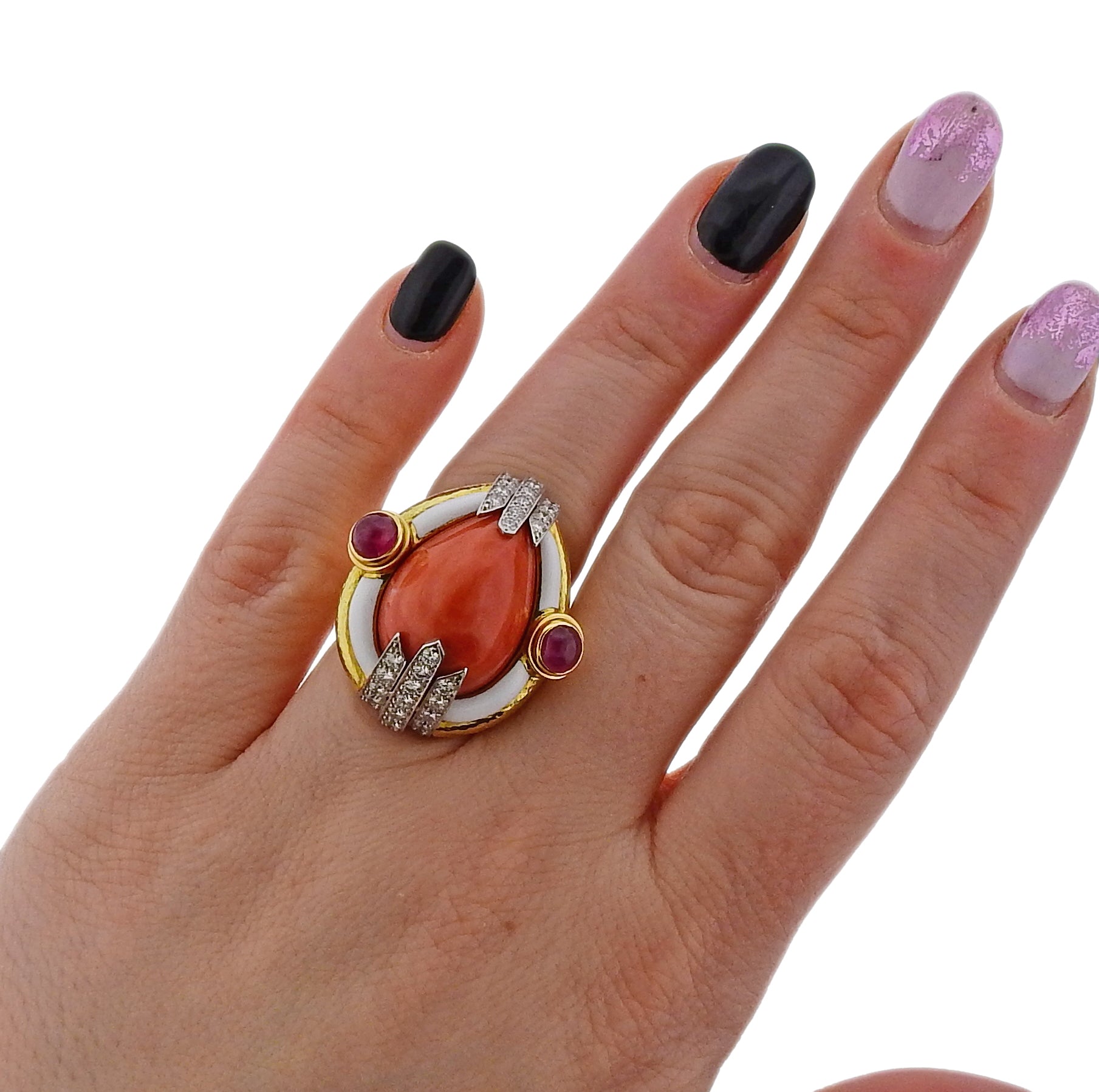 David Webb Coral Ruby Diamond Enamel Gold Platinum Ring - Replica Luxury Handbag Store