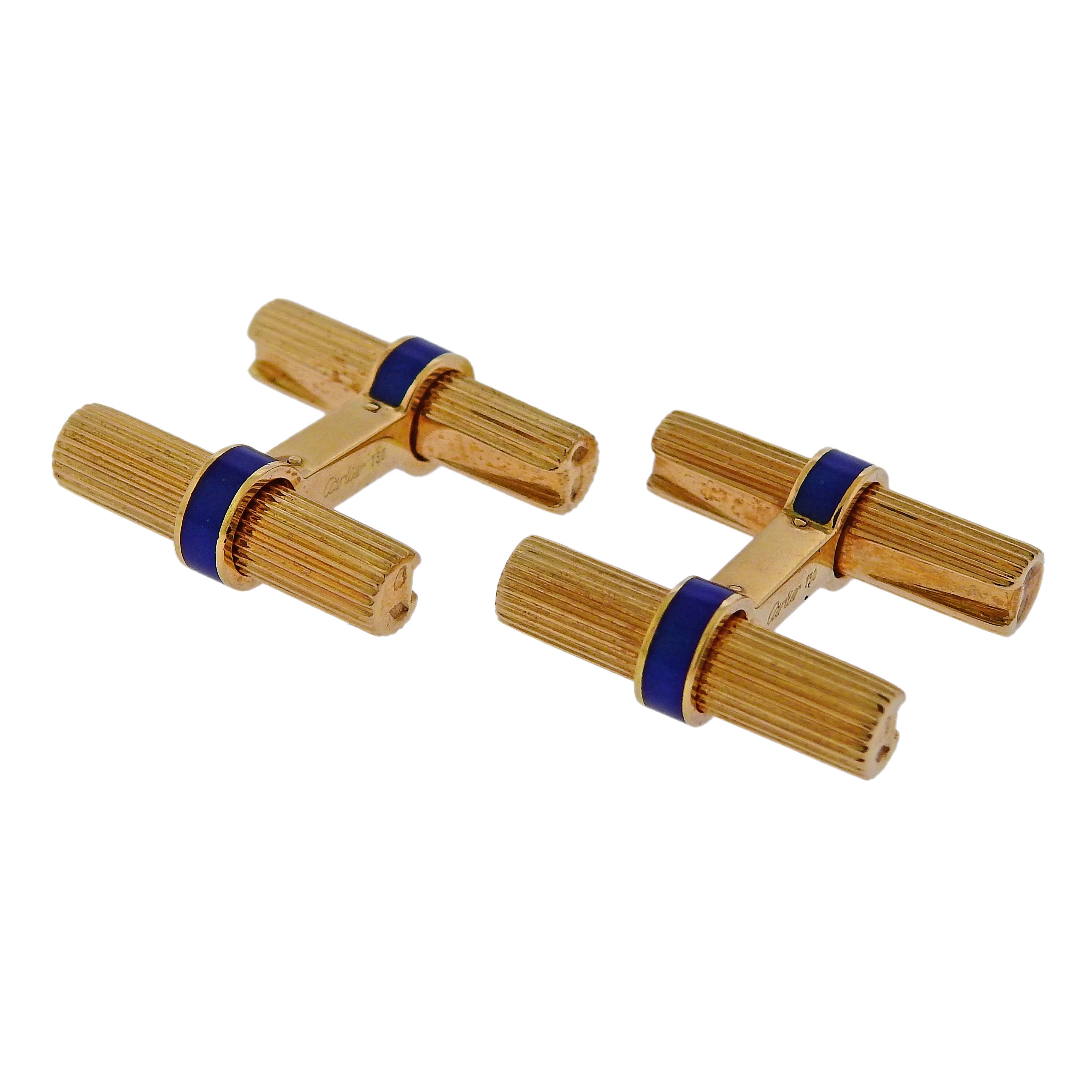 Cartier Mid Century Blue Enamel Gold Bar Cufflinks - Replica Luxury Handbag Store
