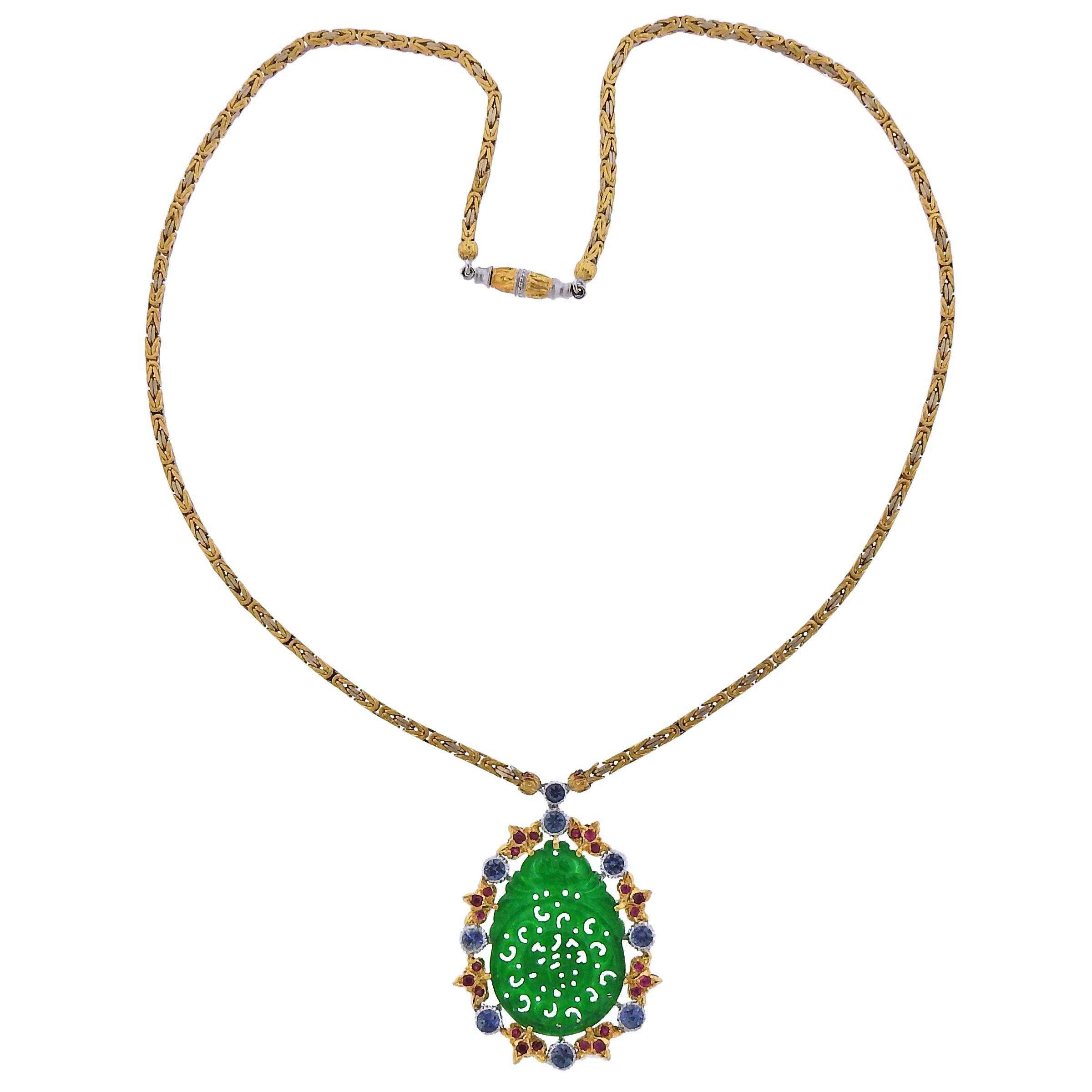 Buccellati Carved Jade Sapphire Ruby Gold Pendant Necklace - Replica Luxury Handbag Store
