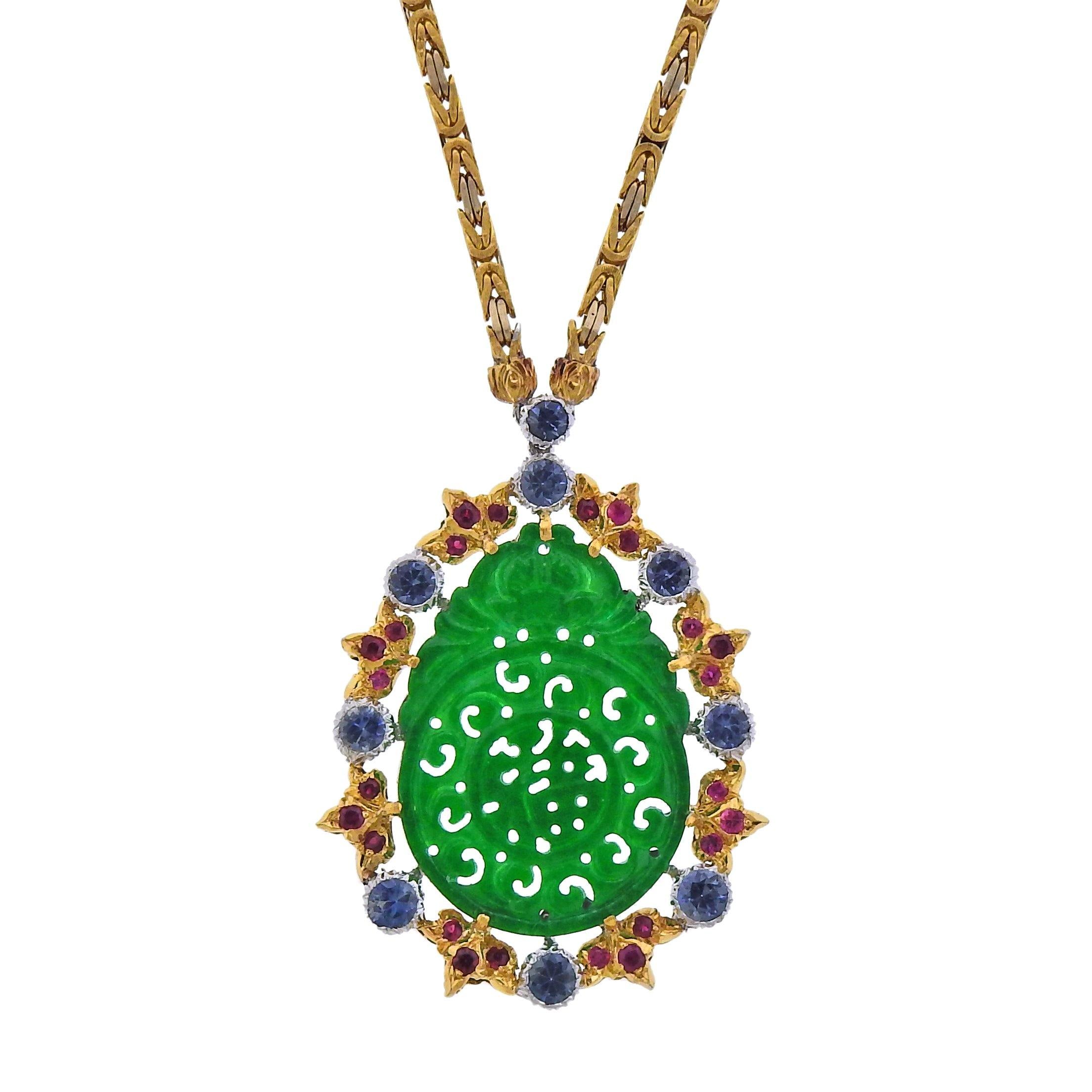 Buccellati Carved Jade Sapphire Ruby Gold Pendant Necklace - Replica Luxury Handbag Store