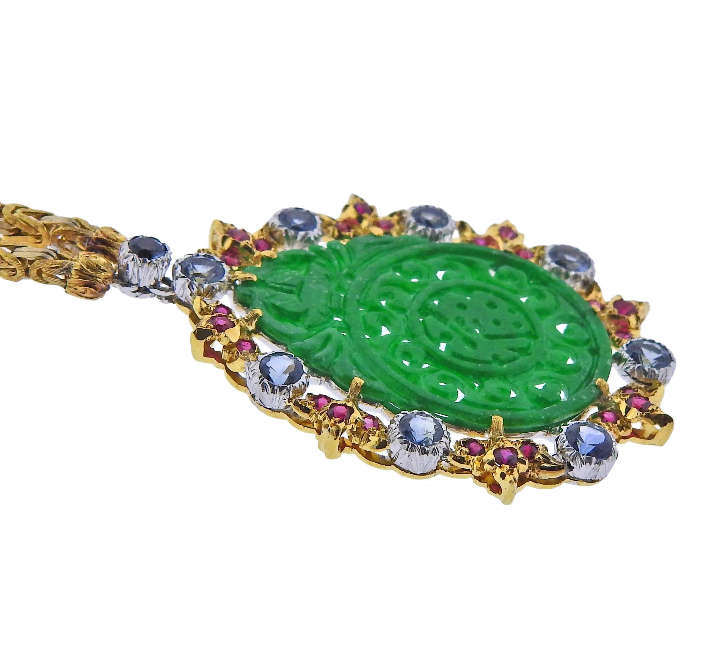 Buccellati Carved Jade Sapphire Ruby Gold Pendant Necklace - Replica Luxury Handbag Store