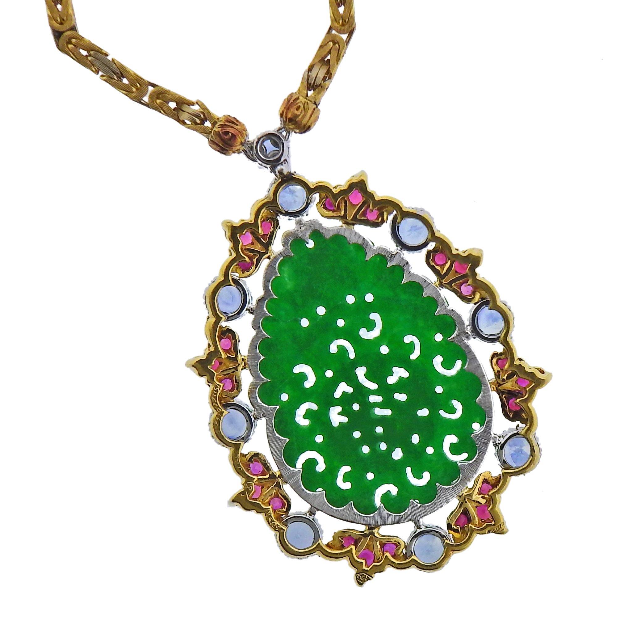 Buccellati Carved Jade Sapphire Ruby Gold Pendant Necklace - Replica Luxury Handbag Store