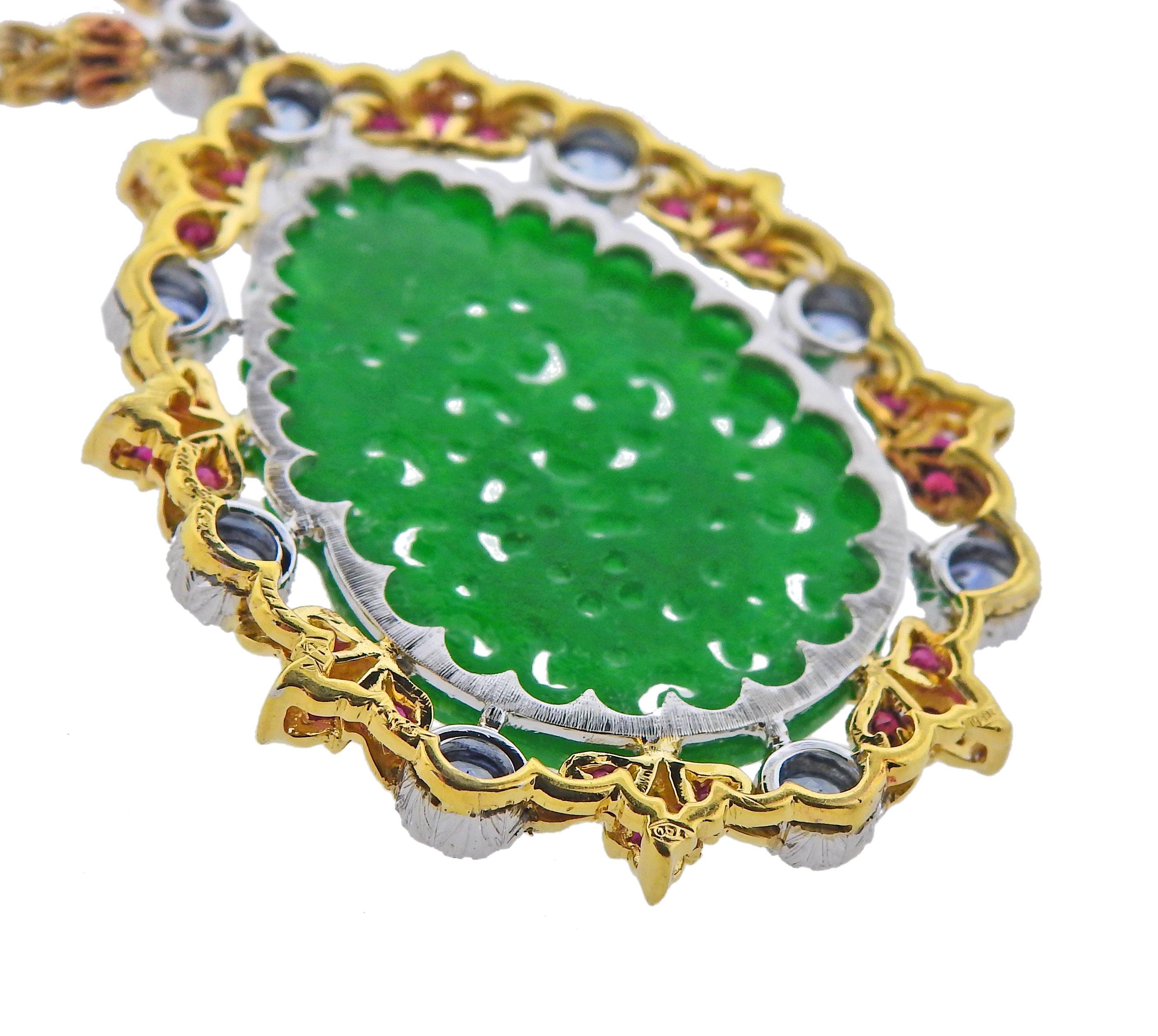 Buccellati Carved Jade Sapphire Ruby Gold Pendant Necklace - Replica Luxury Handbag Store