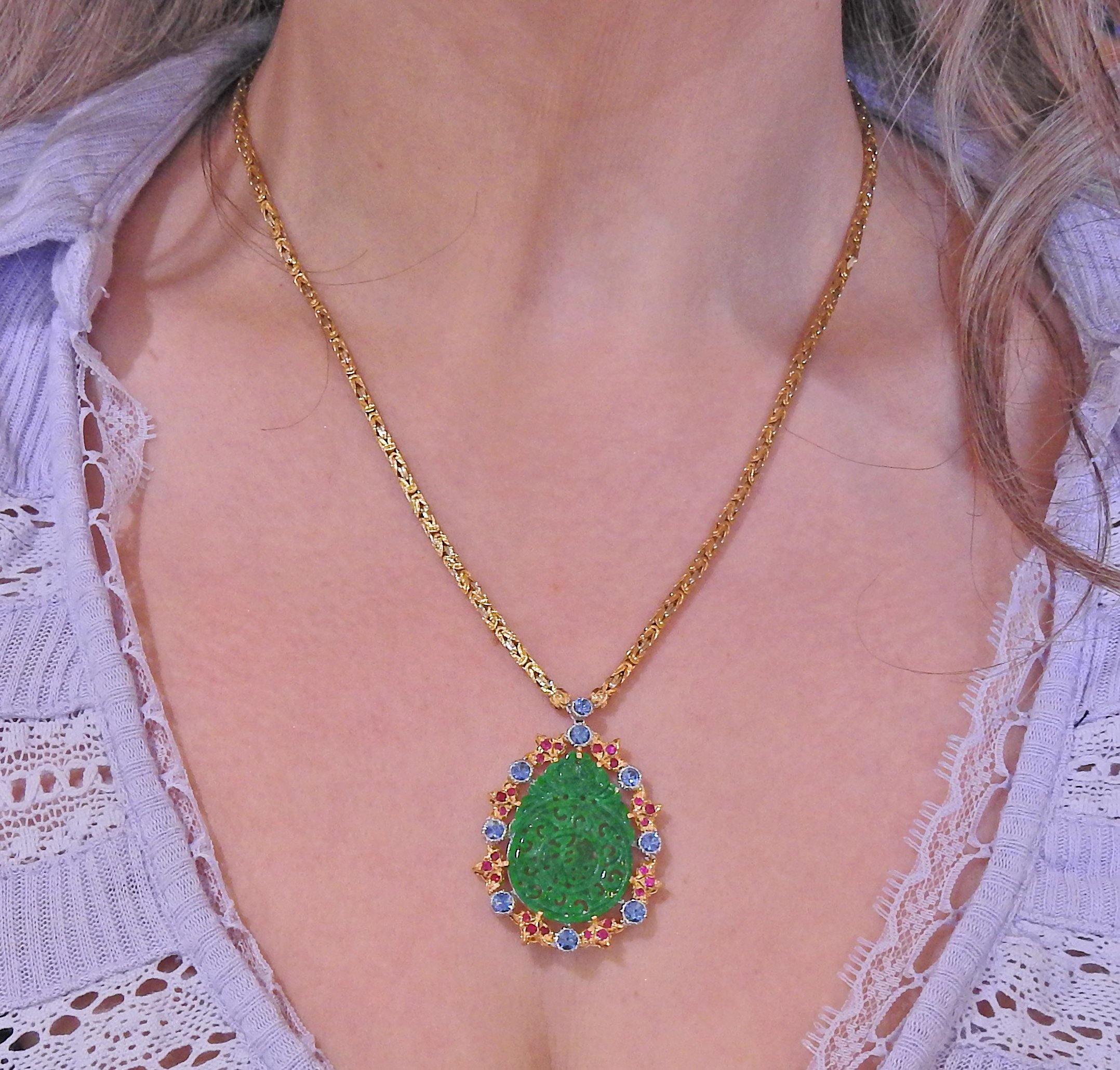 Buccellati Carved Jade Sapphire Ruby Gold Pendant Necklace - Replica Luxury Handbag Store