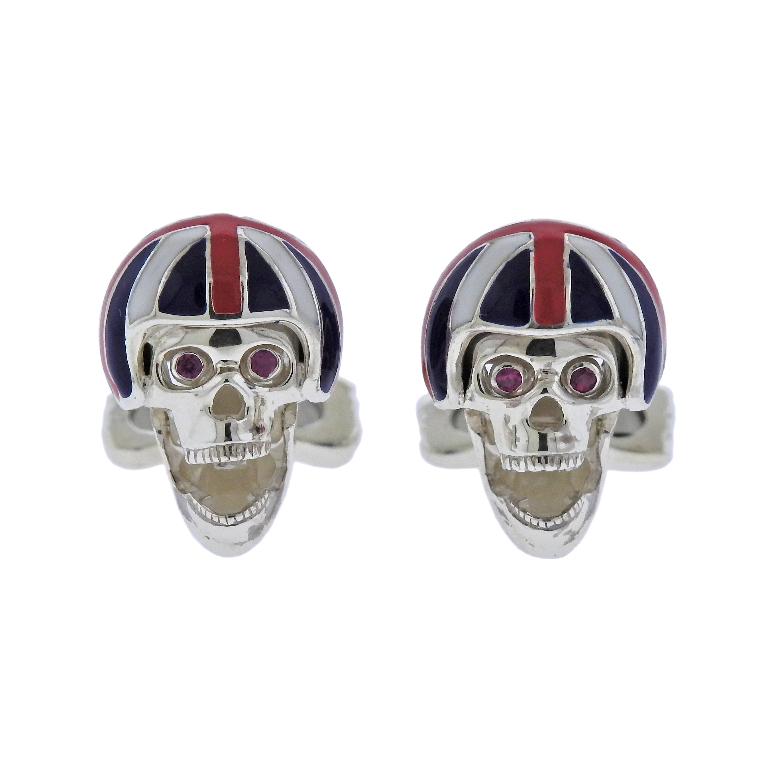 Deakin  Francis Silver Pink Spinel Skull Union Jack Helmet Cufflinks - Replica Luxury Handbag Store