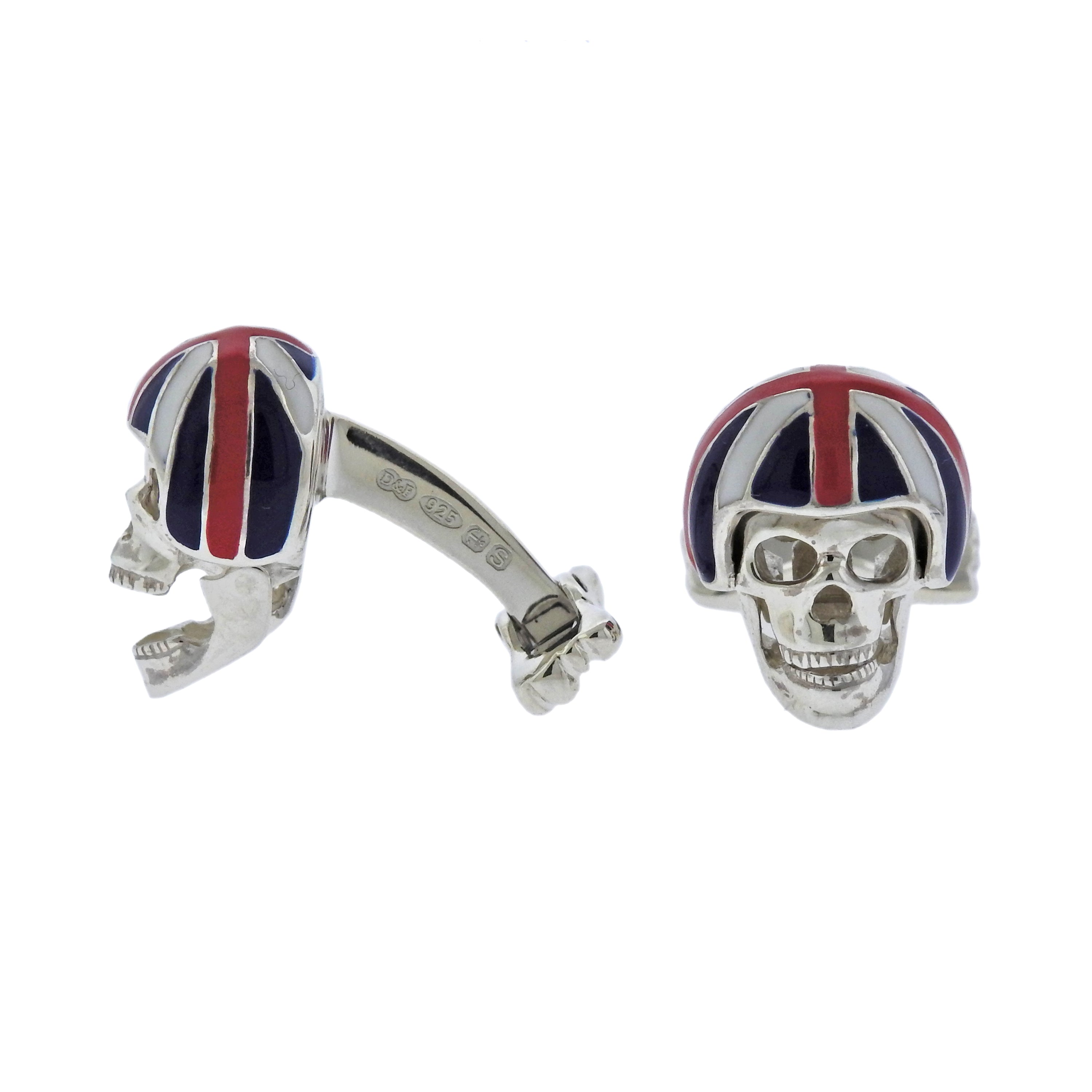 Deakin  Francis Silver Pink Spinel Skull Union Jack Helmet Cufflinks - Replica Luxury Handbag Store