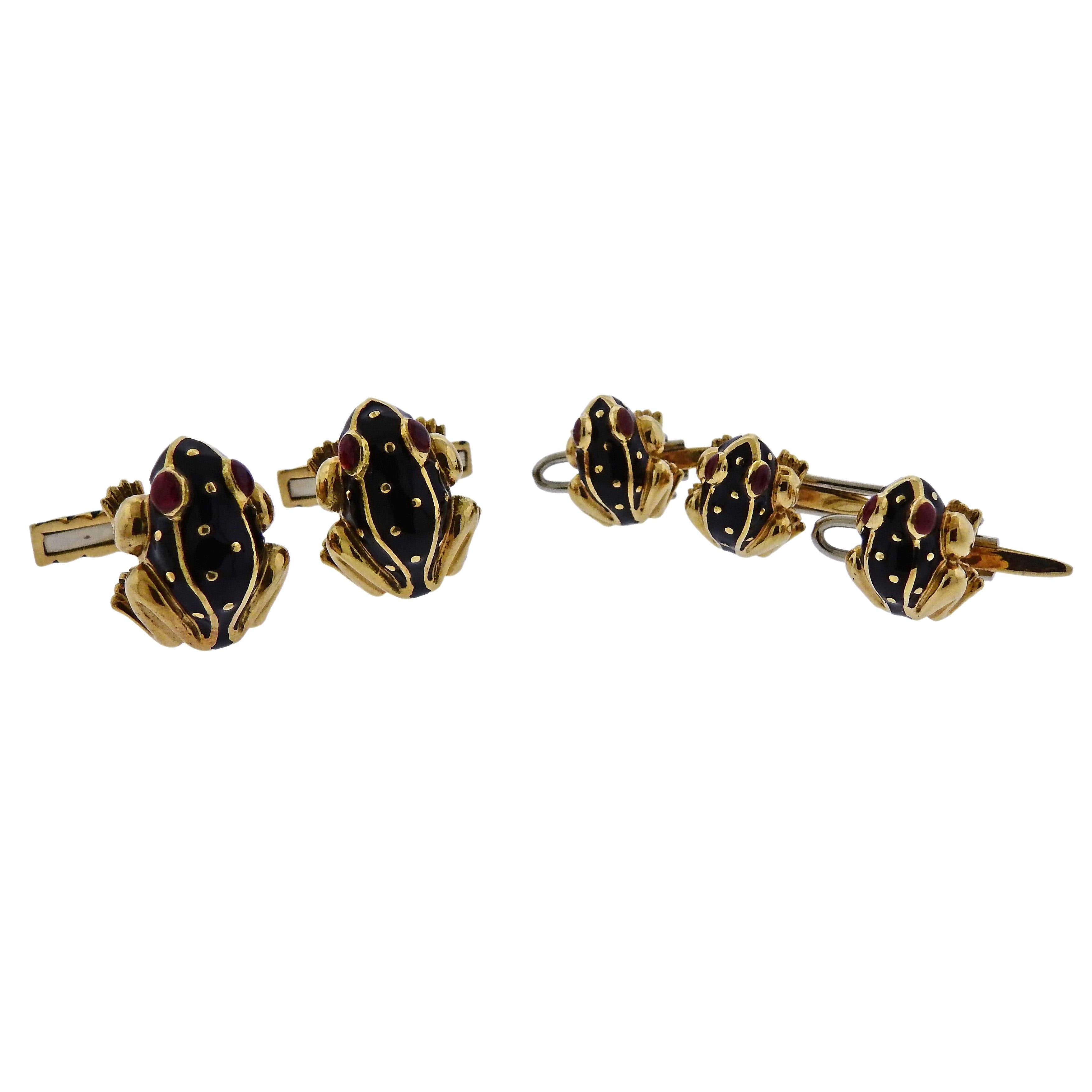 David Webb Enamel Frog Cufflinks Studs Set - Replica Luxury Handbag Store
