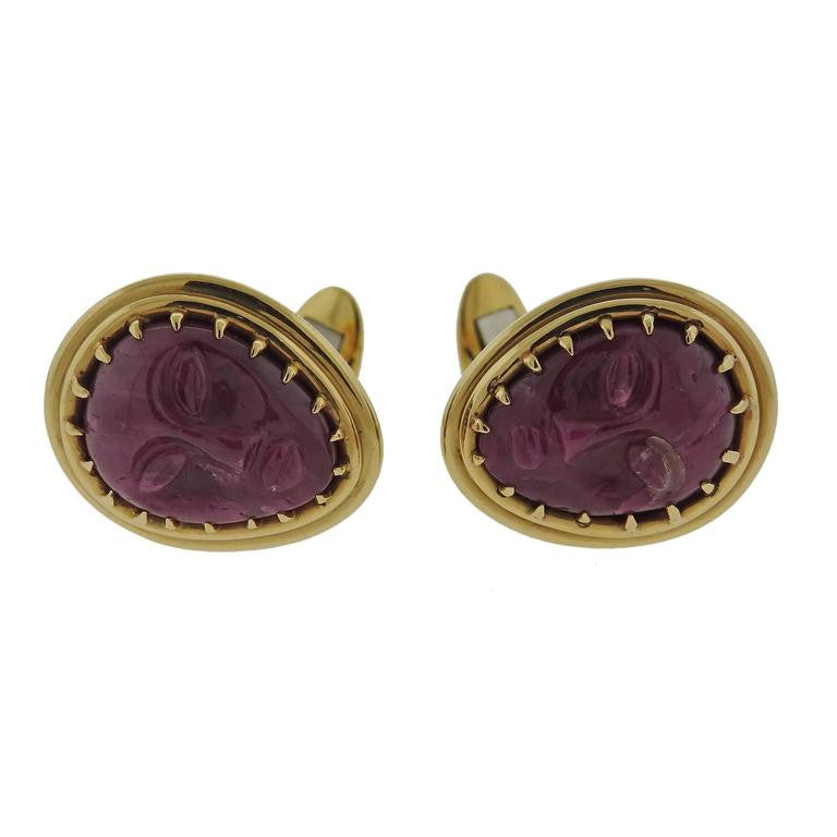 One of a Kind Carved Ruby Gold Faces Cufflinks - Replica Luxury Handbag Store
