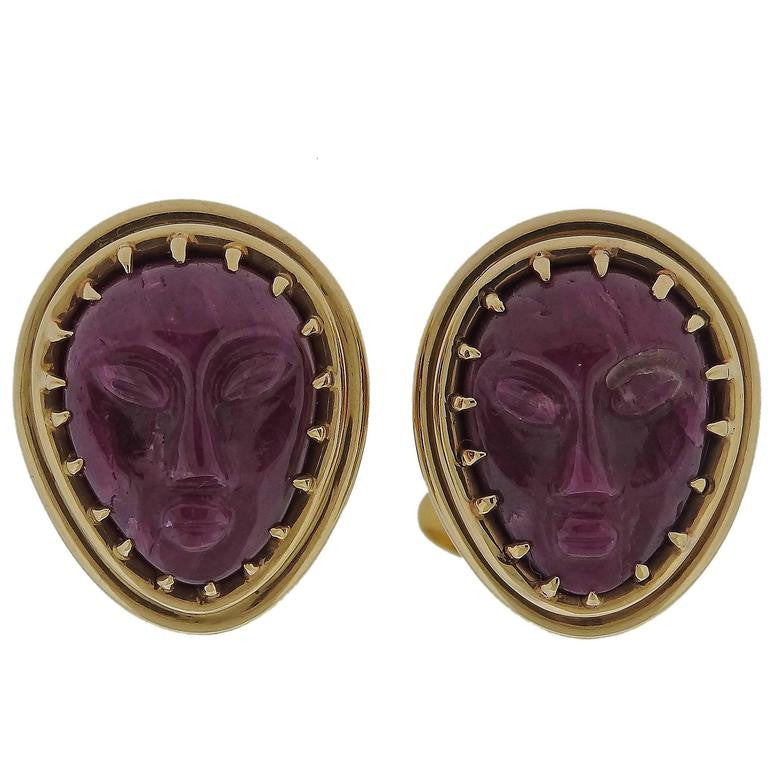 One of a Kind Carved Ruby Gold Faces Cufflinks - Replica Luxury Handbag Store