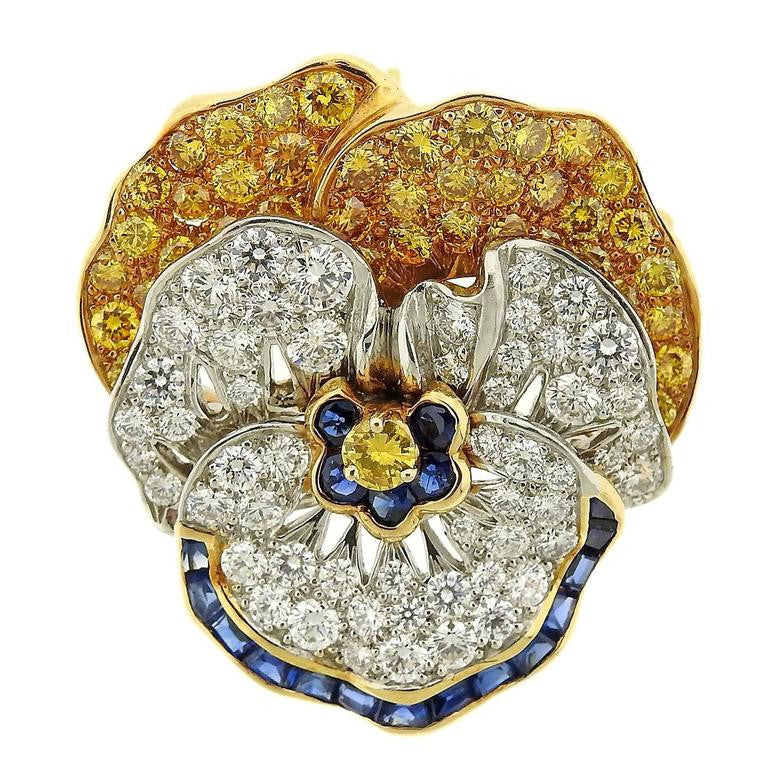 Oscar Heyman Diamond Sapphire Platinum Gold Pansy Brooch - Replica Luxury Handbag Store