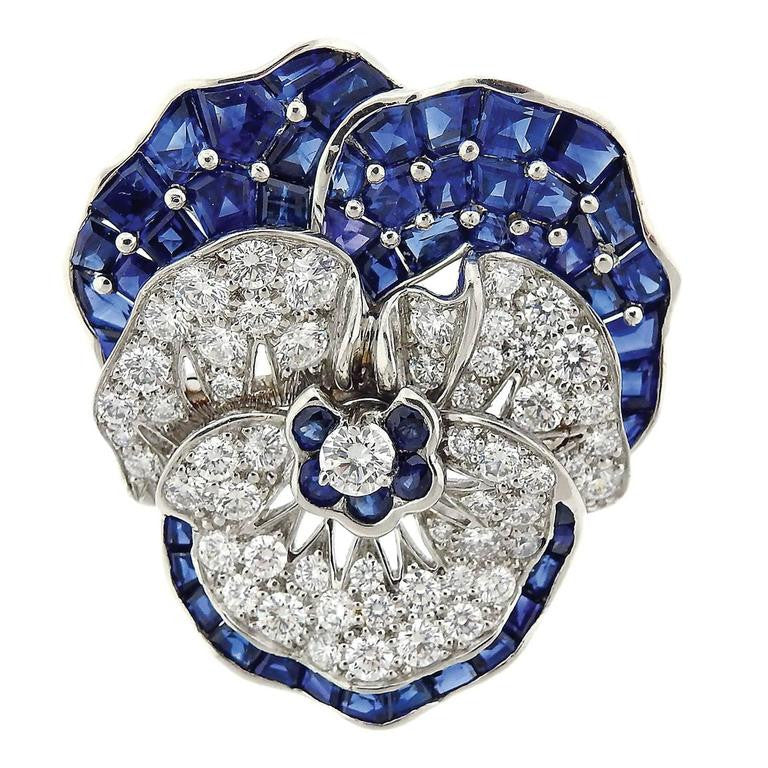 Large Oscar Heyman Sapphire Diamond Platinum Pansy Flower Brooch - Replica Luxury Handbag Store