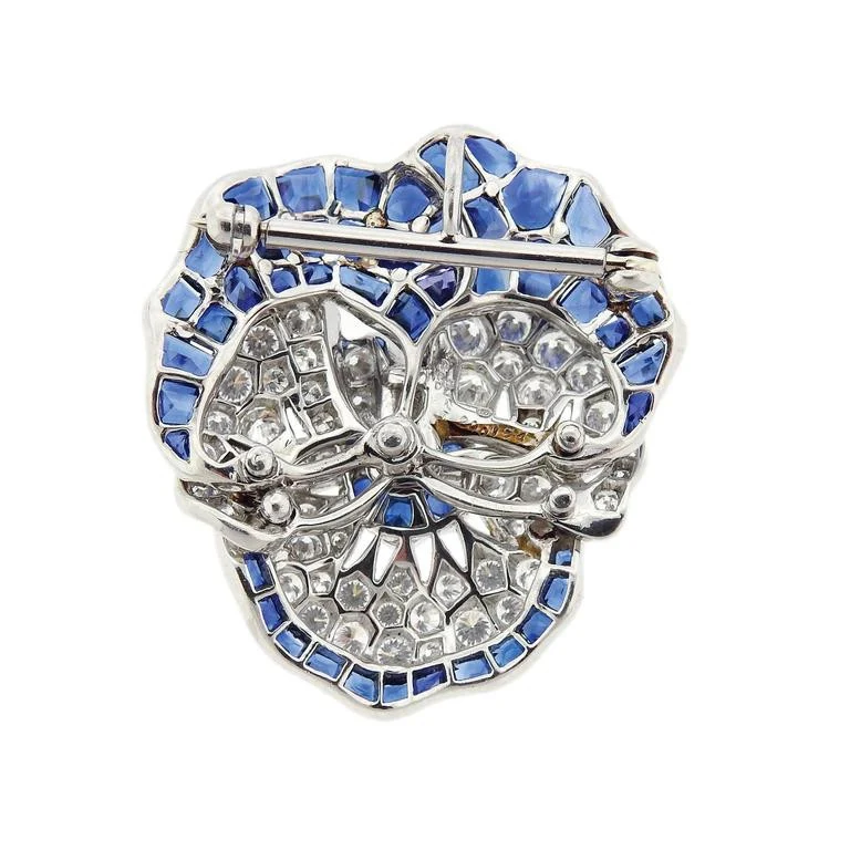 Large Oscar Heyman Sapphire Diamond Platinum Pansy Flower Brooch - Replica Luxury Handbag Store