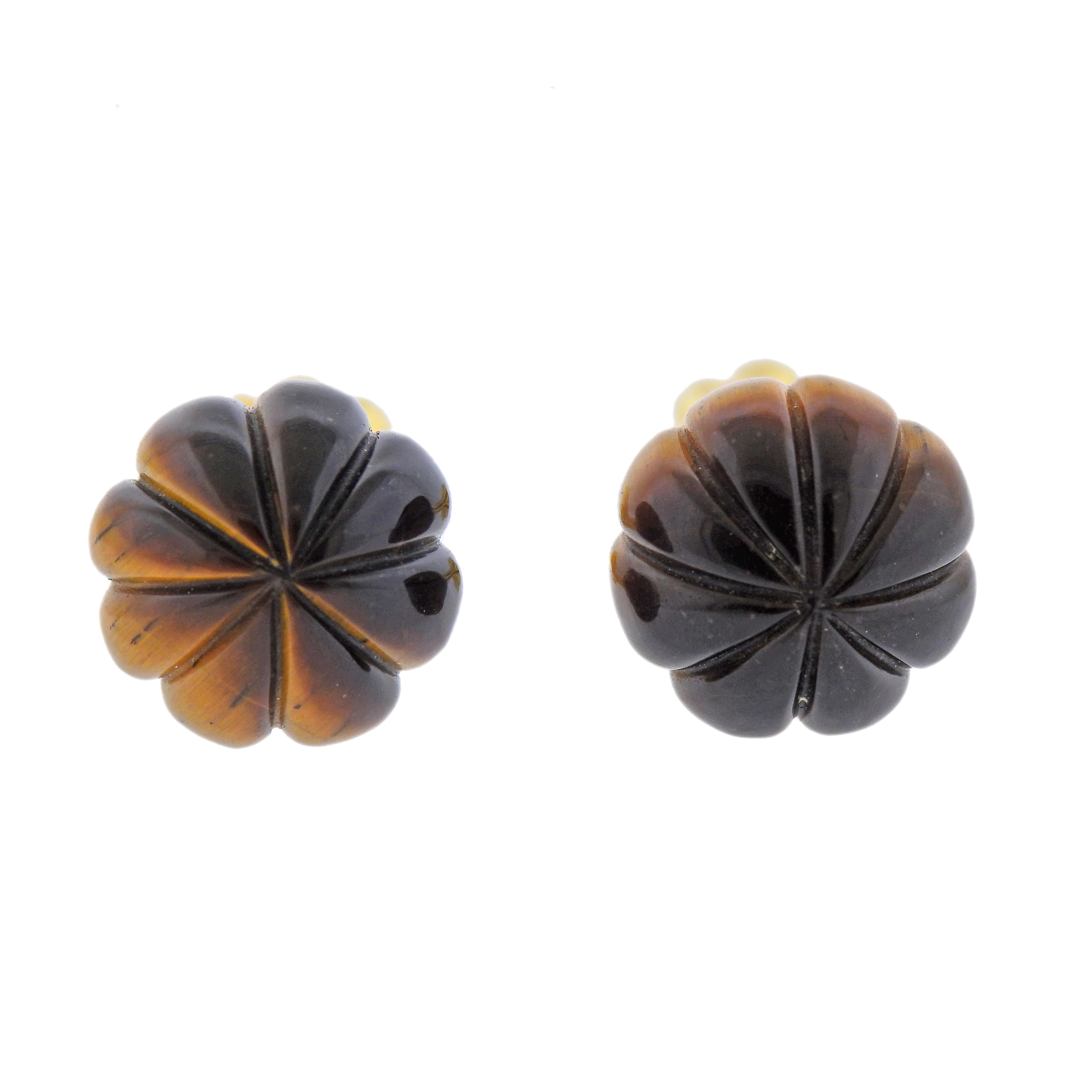 1980s Carved Tigers Eye Gold Cufflinks - Replica Luxury Handbag Store