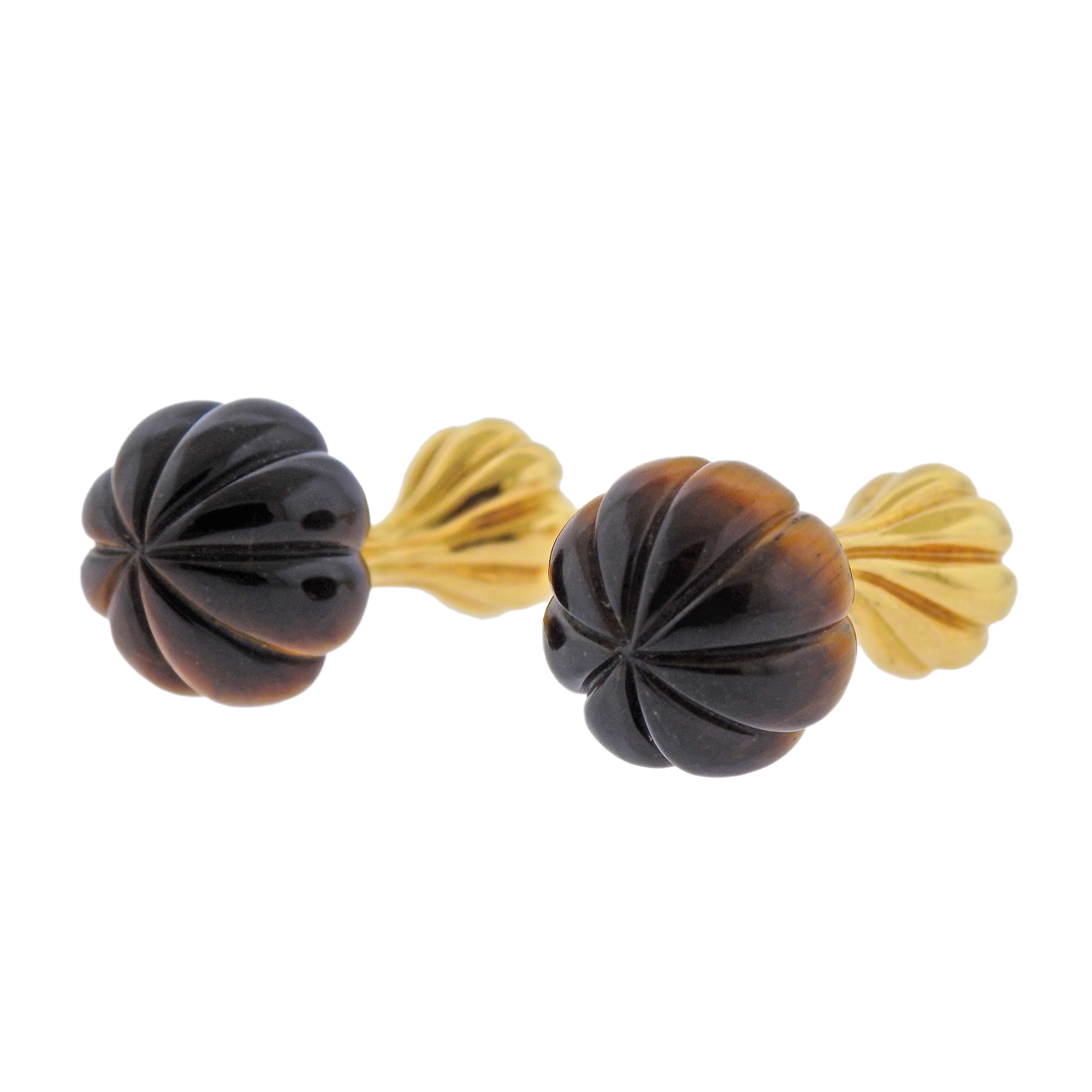 1980s Carved Tigers Eye Gold Cufflinks - Replica Luxury Handbag Store
