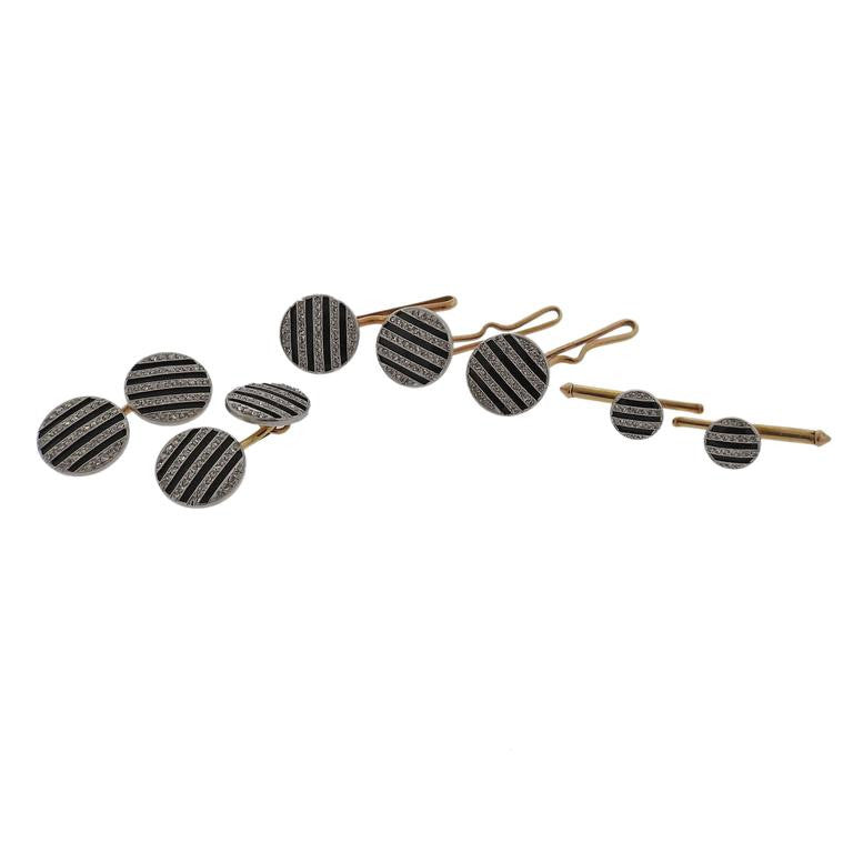 Art Deco Enamel Diamond Gold Platinum Cufflinks Button Stud Set - Replica Luxury Handbag Store
