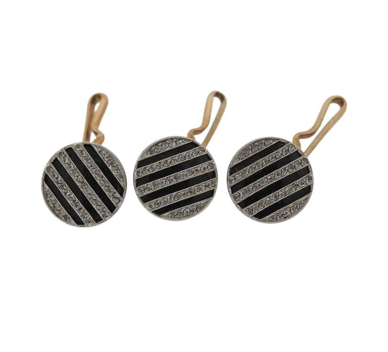 Art Deco Enamel Diamond Gold Platinum Cufflinks Button Stud Set - Replica Luxury Handbag Store
