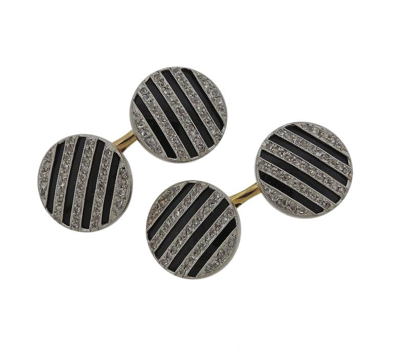 Art Deco Enamel Diamond Gold Platinum Cufflinks Button Stud Set - Replica Luxury Handbag Store