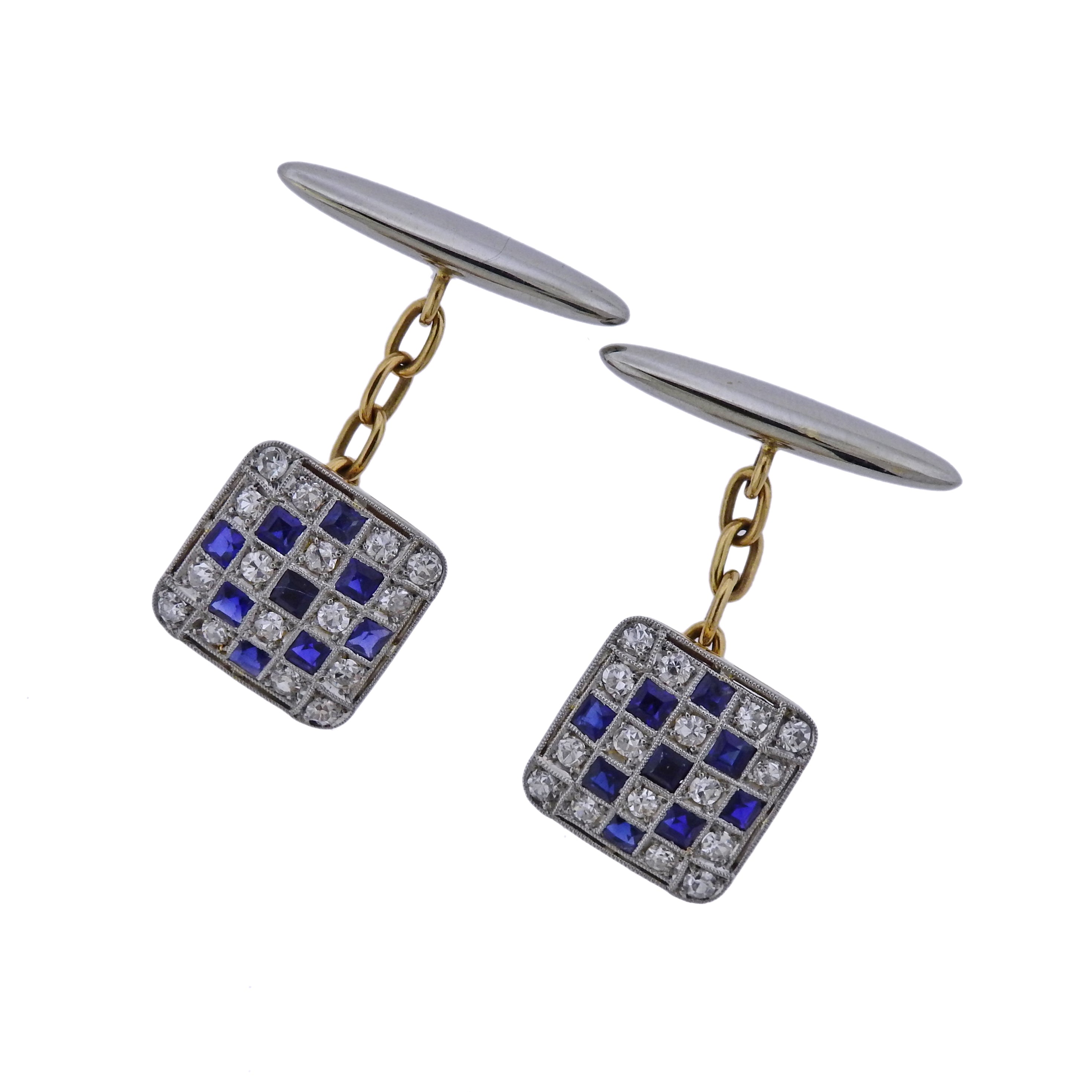 Art Deco Diamond Sapphire Gold Classic Cufflinks - Replica Luxury Handbag Store
