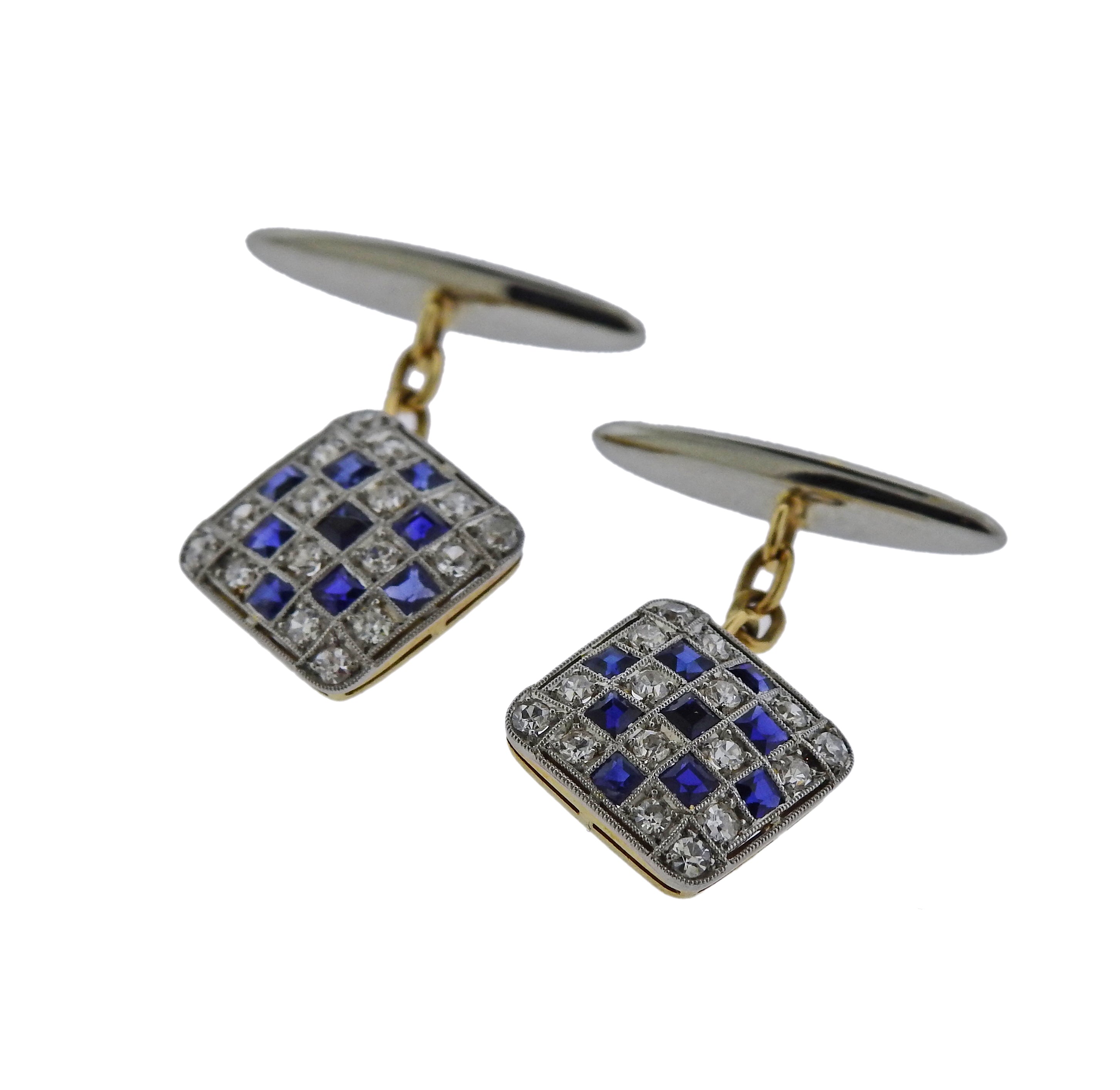 Art Deco Diamond Sapphire Gold Classic Cufflinks - Replica Luxury Handbag Store
