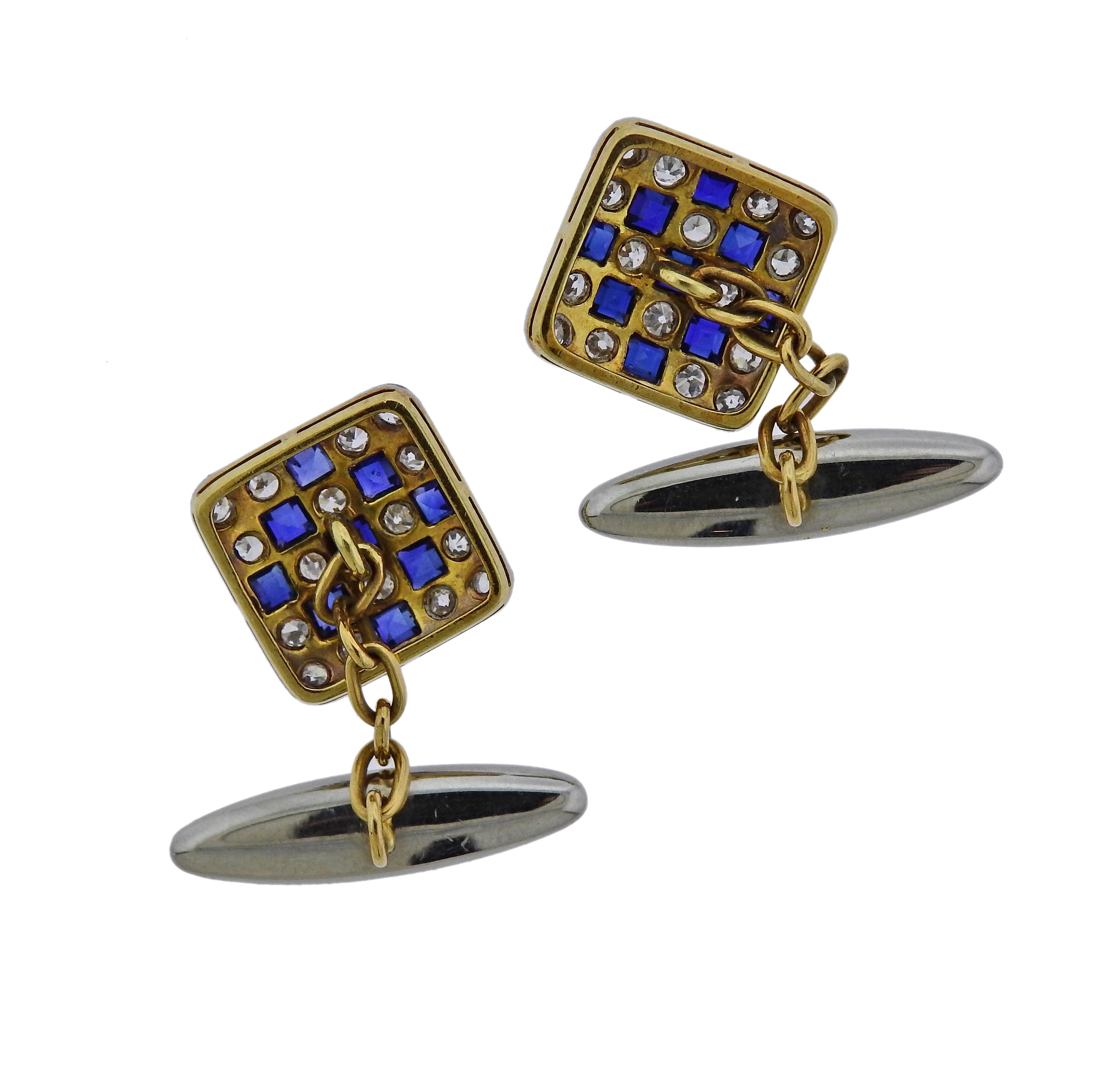 Art Deco Diamond Sapphire Gold Classic Cufflinks - Replica Luxury Handbag Store