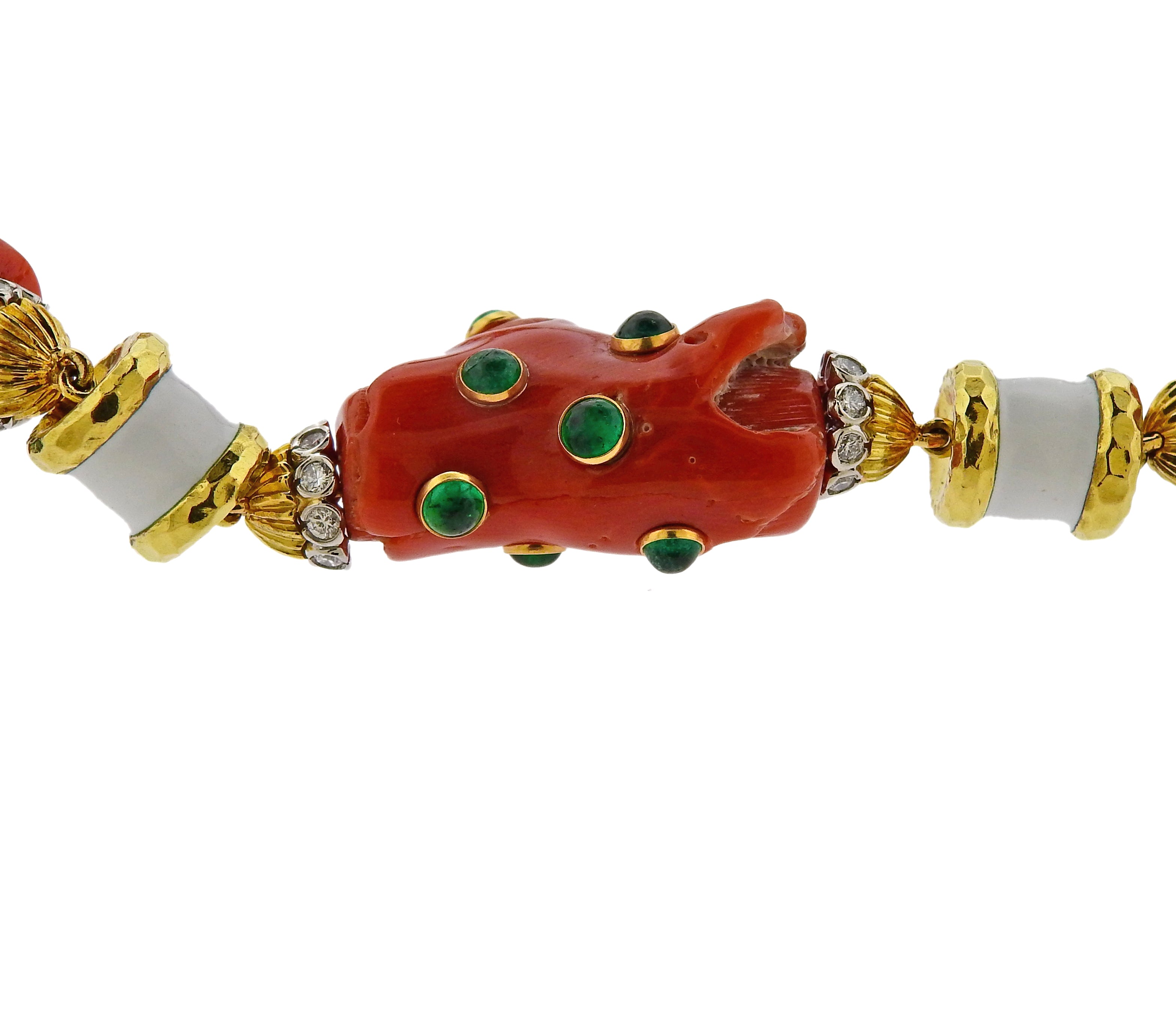 David Webb Coral Emerald Diamond Enamel Gold Platinum Necklace - Replica Luxury Handbag Store