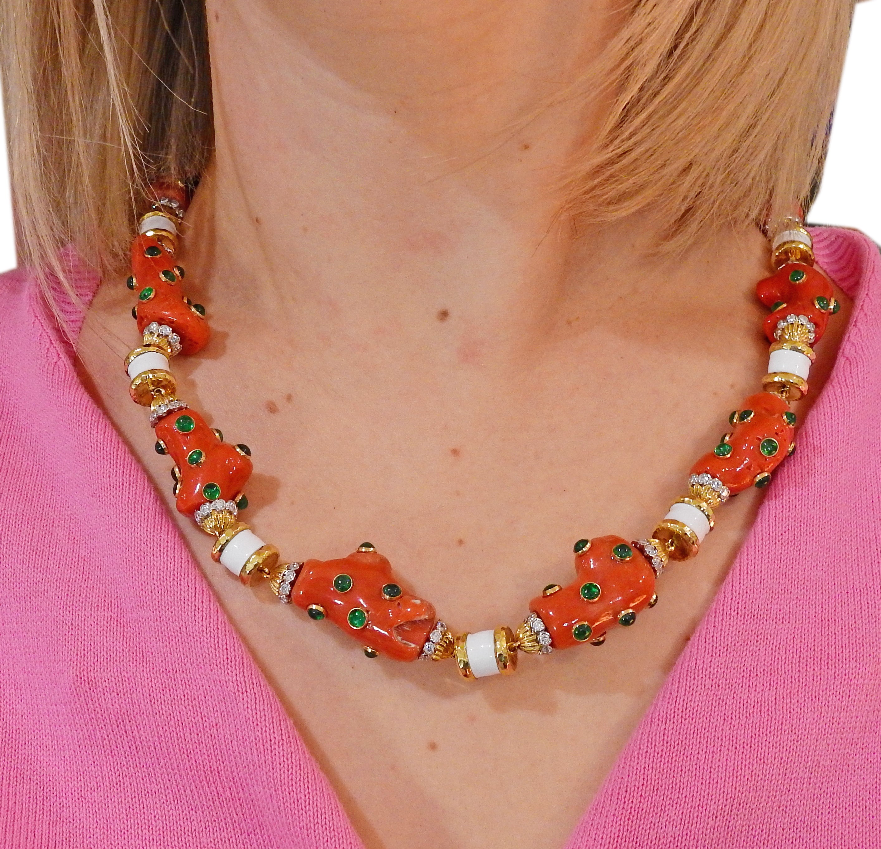 David Webb Coral Emerald Diamond Enamel Gold Platinum Necklace - Replica Luxury Handbag Store