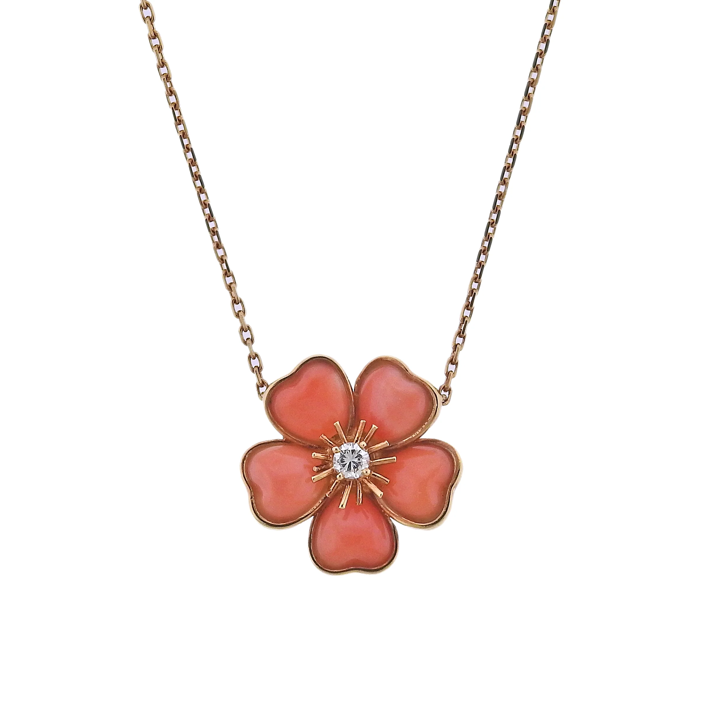 Van Cleef Arpels Coral Diamond Gold Flower Pendant Necklace