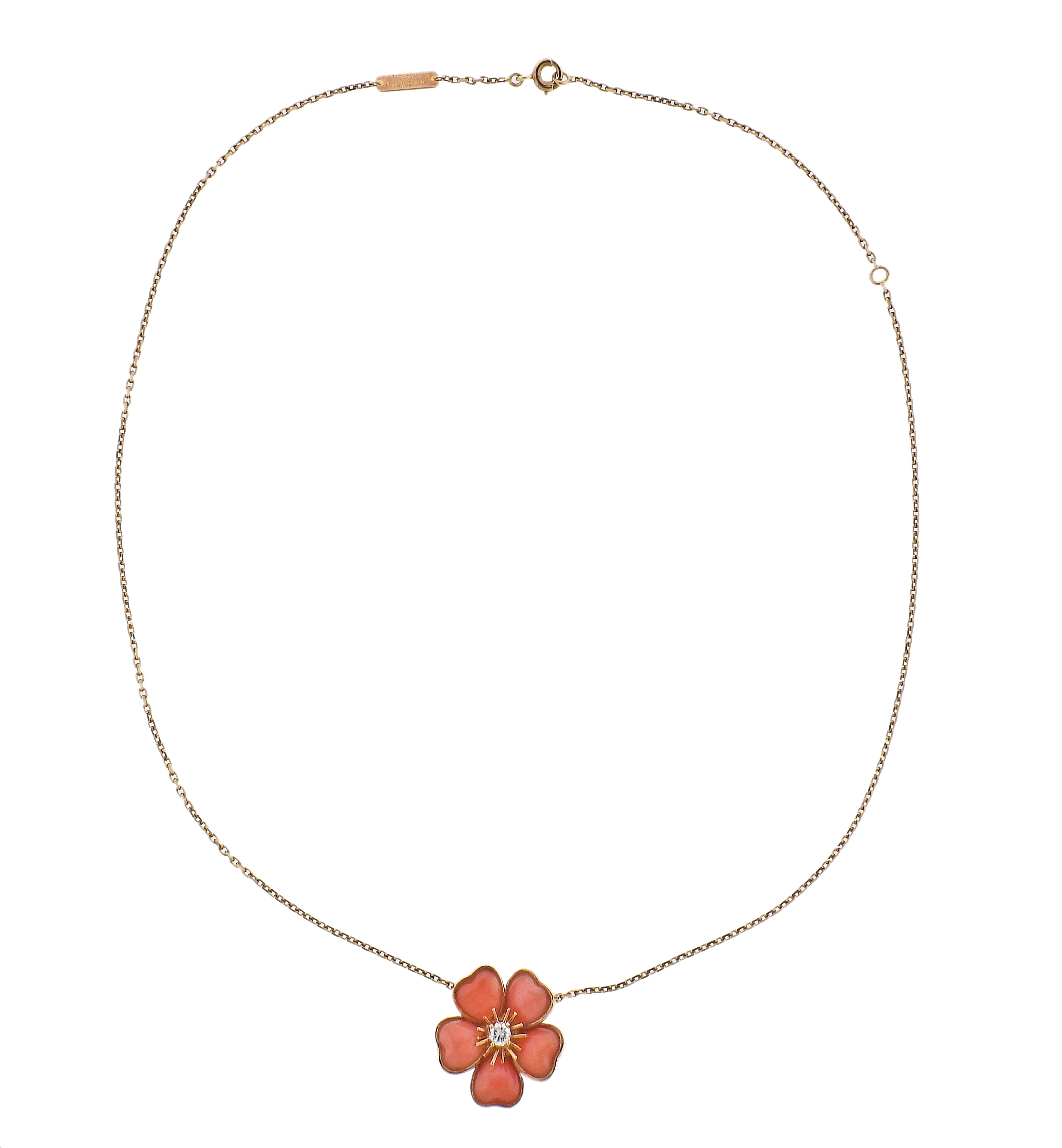 Van Cleef  Arpels Coral Diamond Gold Flower Pendant Necklace