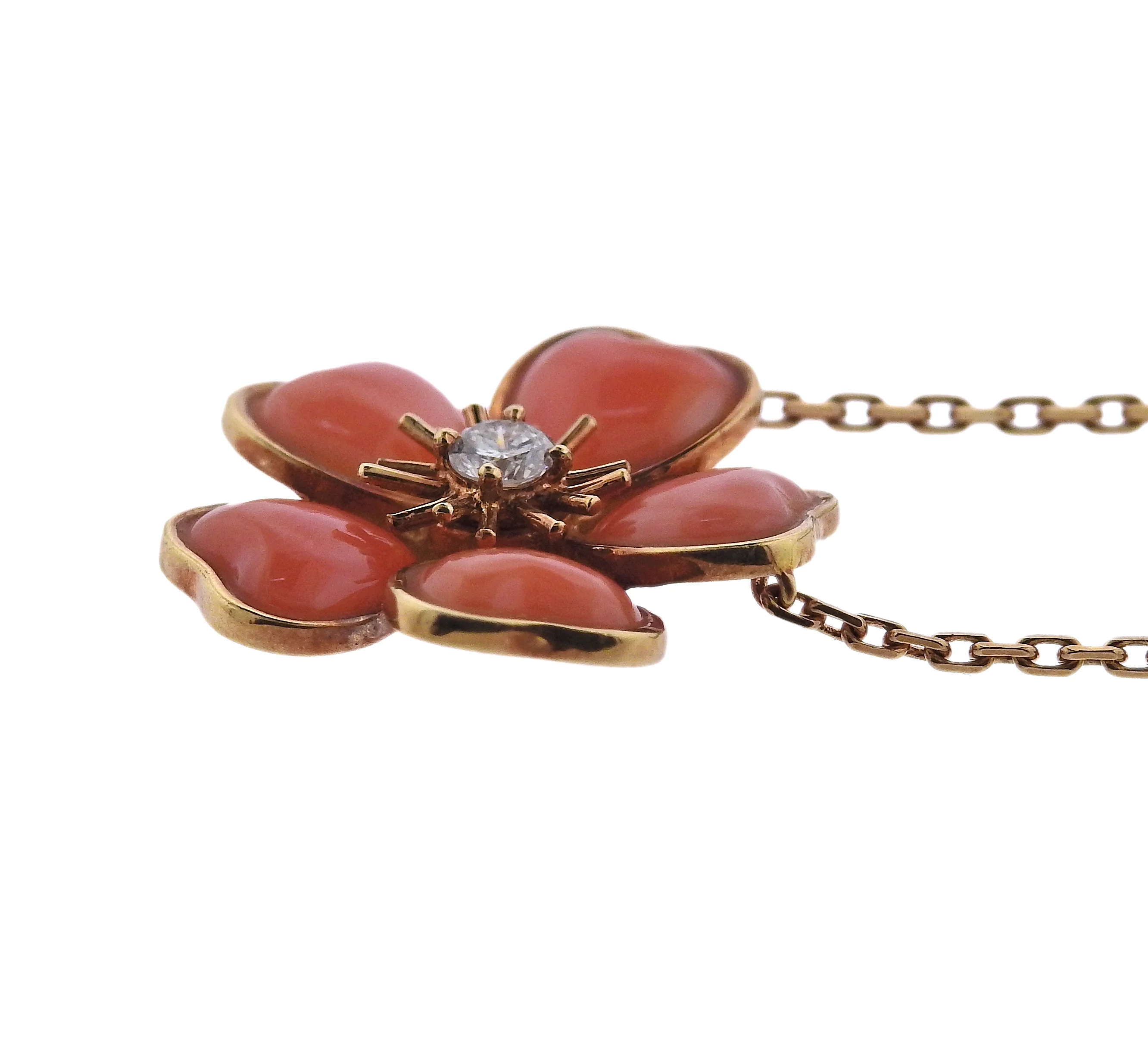 Van Cleef Arpels Coral Diamond Gold Flower Pendant Necklace