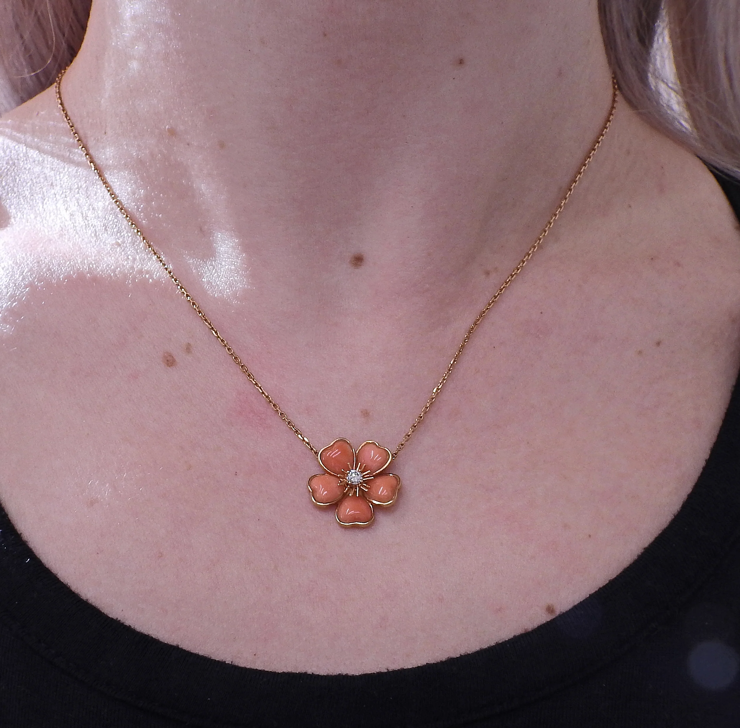 Van Cleef Arpels Coral Diamond Gold Flower Pendant Necklace