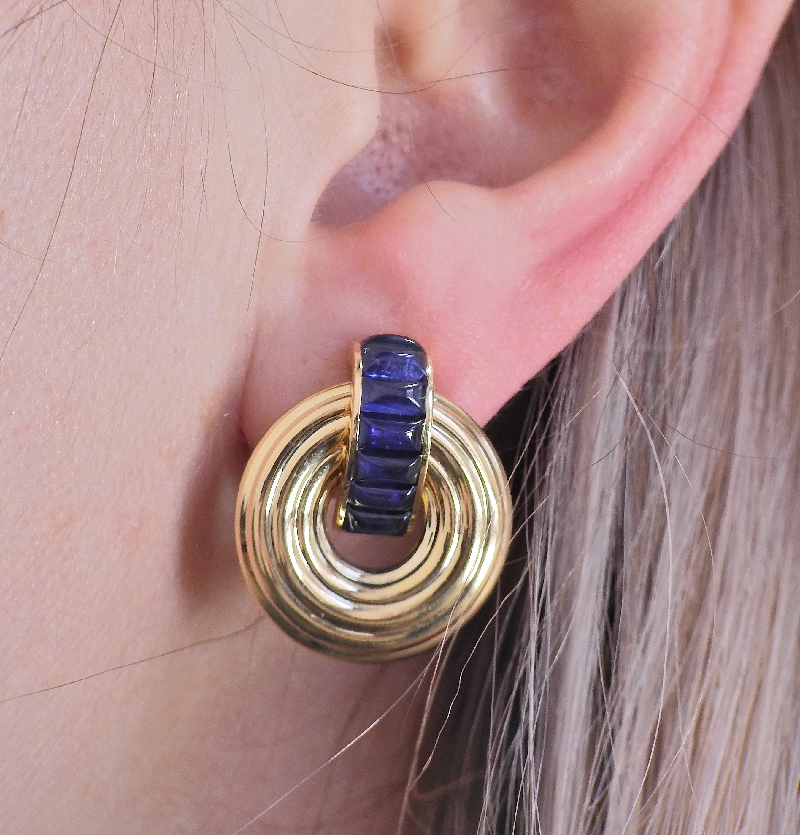 Seaman Schepps Giro Reversible Ceramic Sapphire Gold Doorknocker Earrings