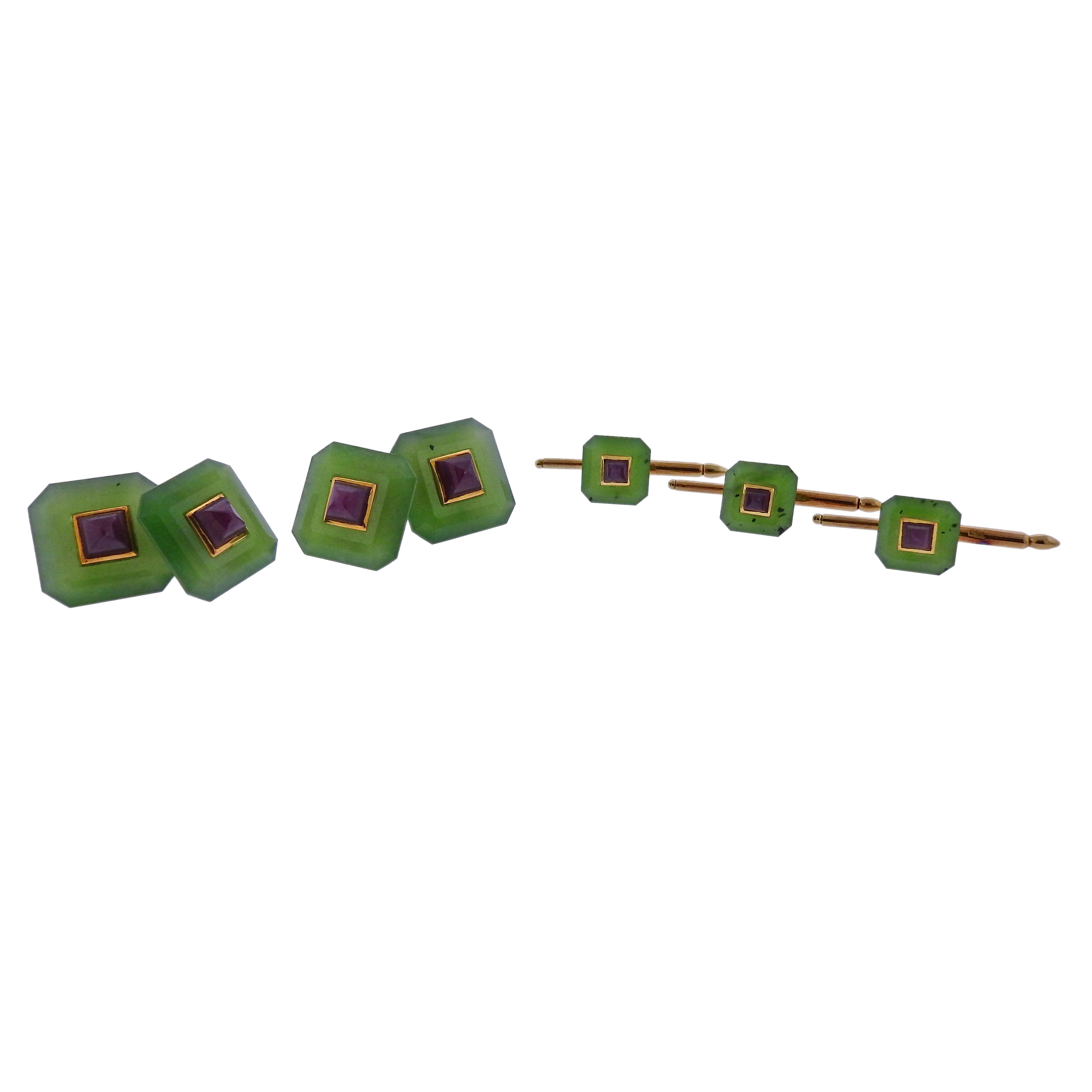 Trianon Nephrite Ruby Gold Cufflinks Stud Set - Replica Luxury Handbag Store