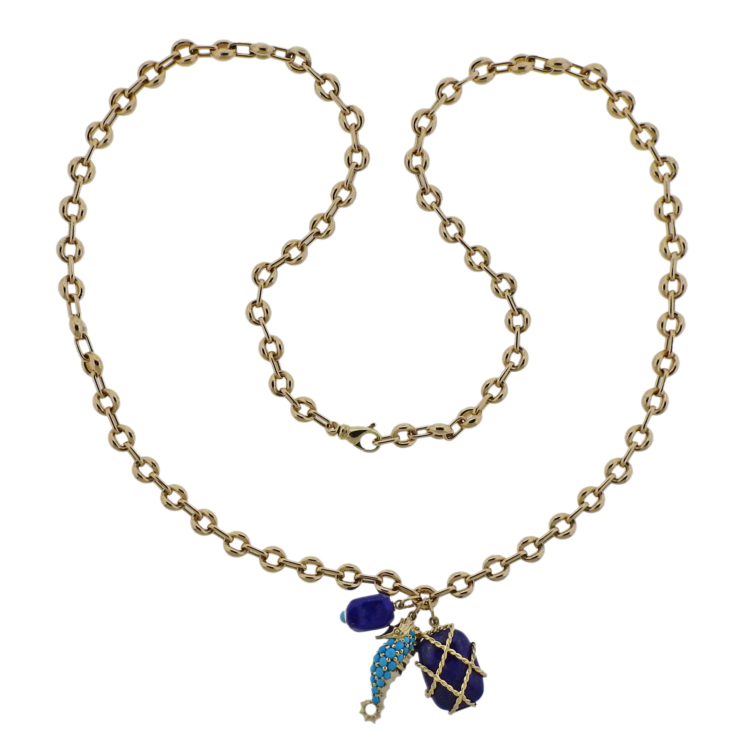Seaman Schepps Turquoise Seahorse Caged Lapis Pendant Gold Link Necklace - Replica Luxury Handbag Store
